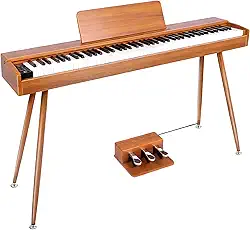 VEDO Piano Digital com 88 Teclas Sensitivas, Conexão Bluetooth, Função de Gravação, 900 Sons, 110 Músicas Demo, 700 Ritmos, Design em Madeira Marrom Retrô Ideal para Iniciantes e Prática Doméstica
