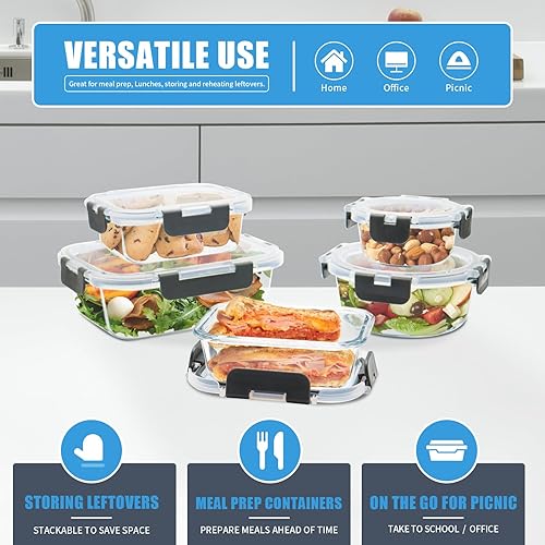 Miniatura 6 de Paquete de 12 recipientes de vidrio para almacenamiento de alimentos con tapas herméticas para preparación de comidas, sobras, sin BPA, a prueba de