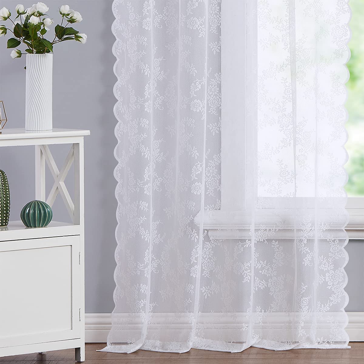 Amazon｜Lotusolution ホワイトレースカーテン 寝室用 長さ63インチ