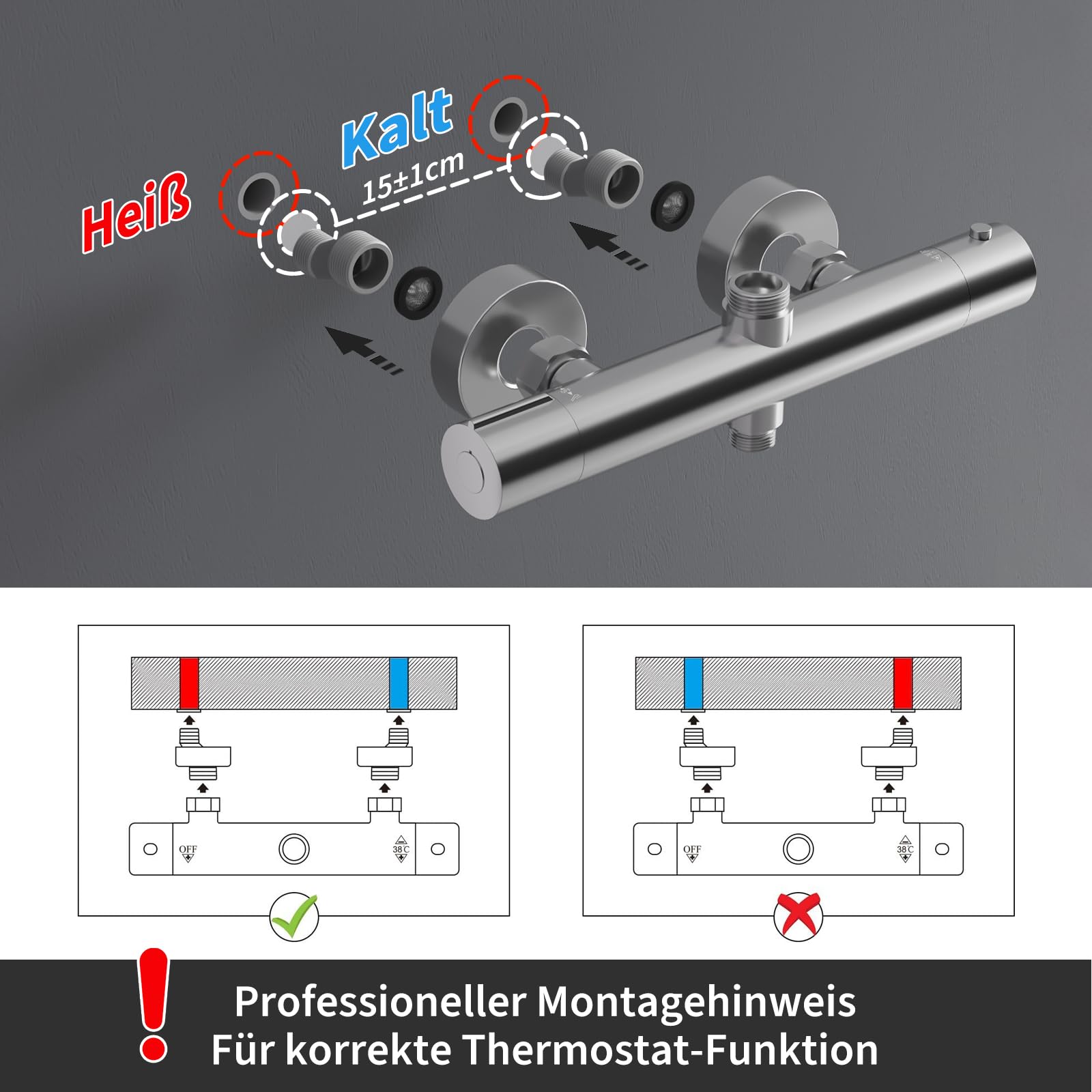 Duscharmatur Komplettset, Thermostat Duschsystem mit 25cm Edelstahl Regendusche, Handbrause, höhenverstellbare Duschstange 88-125cm, Sicherheitssperre 38°C, Anti-Kalk Düsen, Anti-Leck Schlauch, Chrom