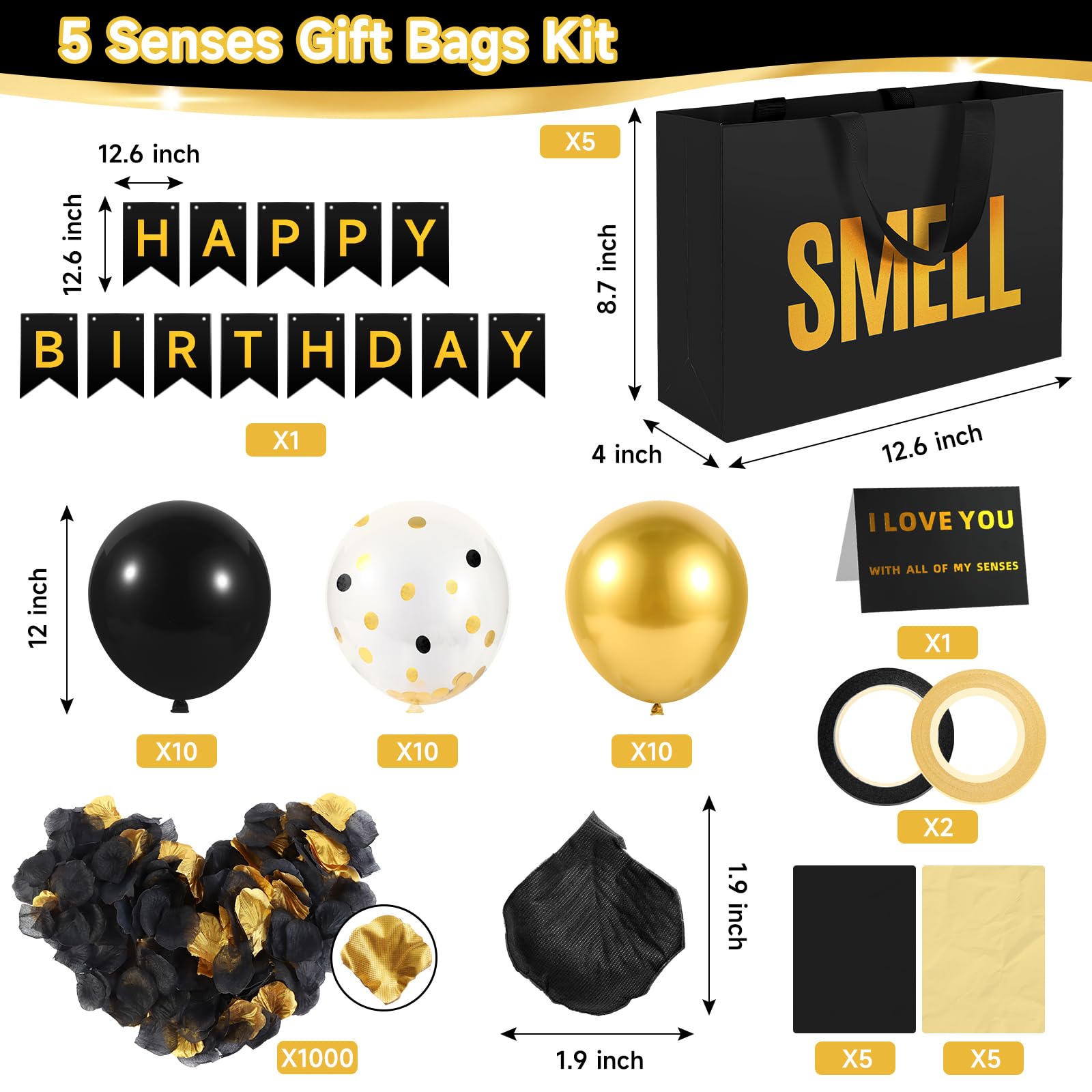 5 Senses Gift Bags For Him Her With Labels Tissue Paper and Handles, Comes With Birthday Decoration Rose Petals and Happy Birthday Banner Balloons for Valentine's Day (Black Gold, 12.6 x 8.7 x 4 inch)