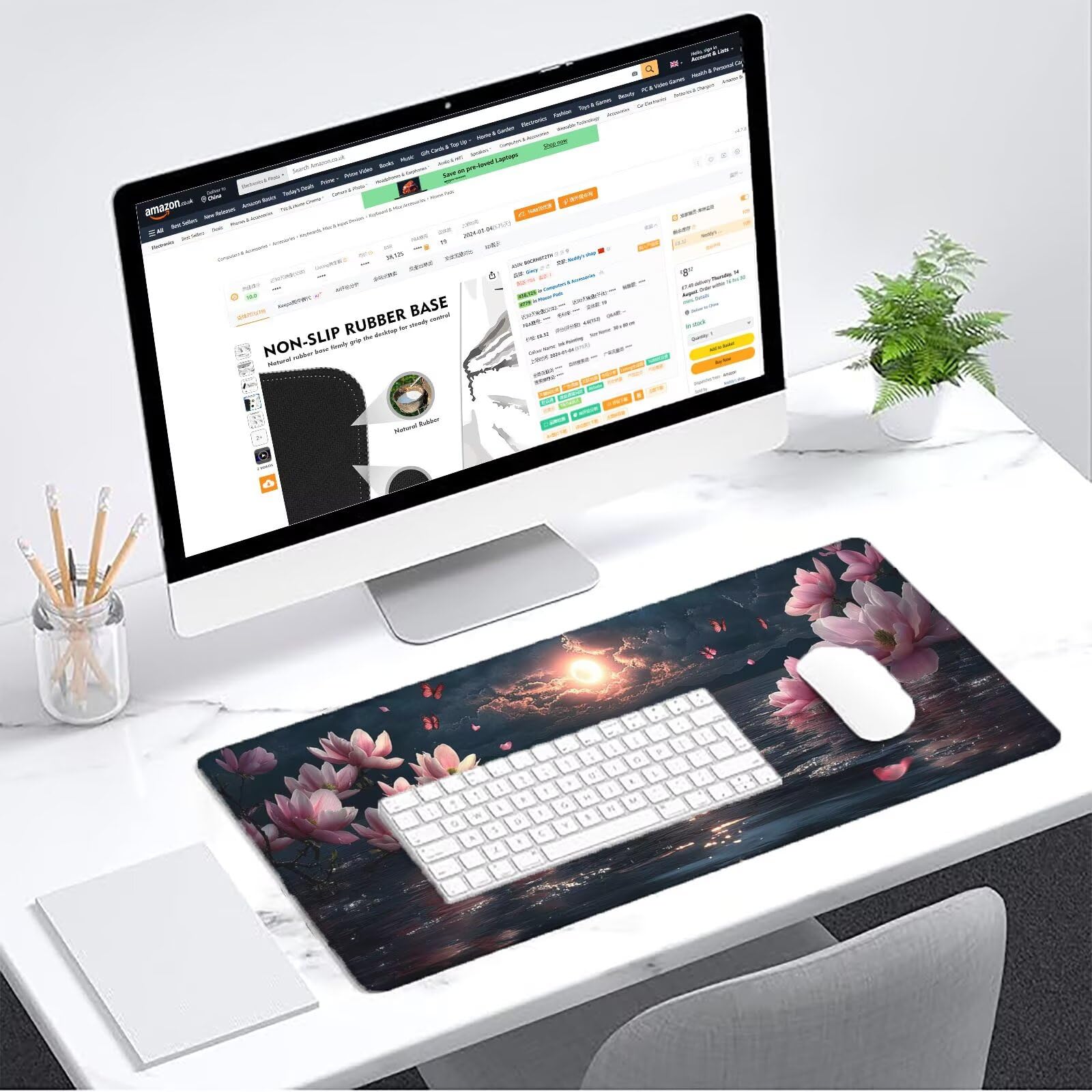 Różowa podkładka pod mysz dla graczy XXL 1600 x 800 mm mata biurkowa podkładka pod mysz kwiaty wodoodporna akcesoria biurowe do gier szyte krawędzie poprawia precyzję i szybkość najlepszy wybór gier