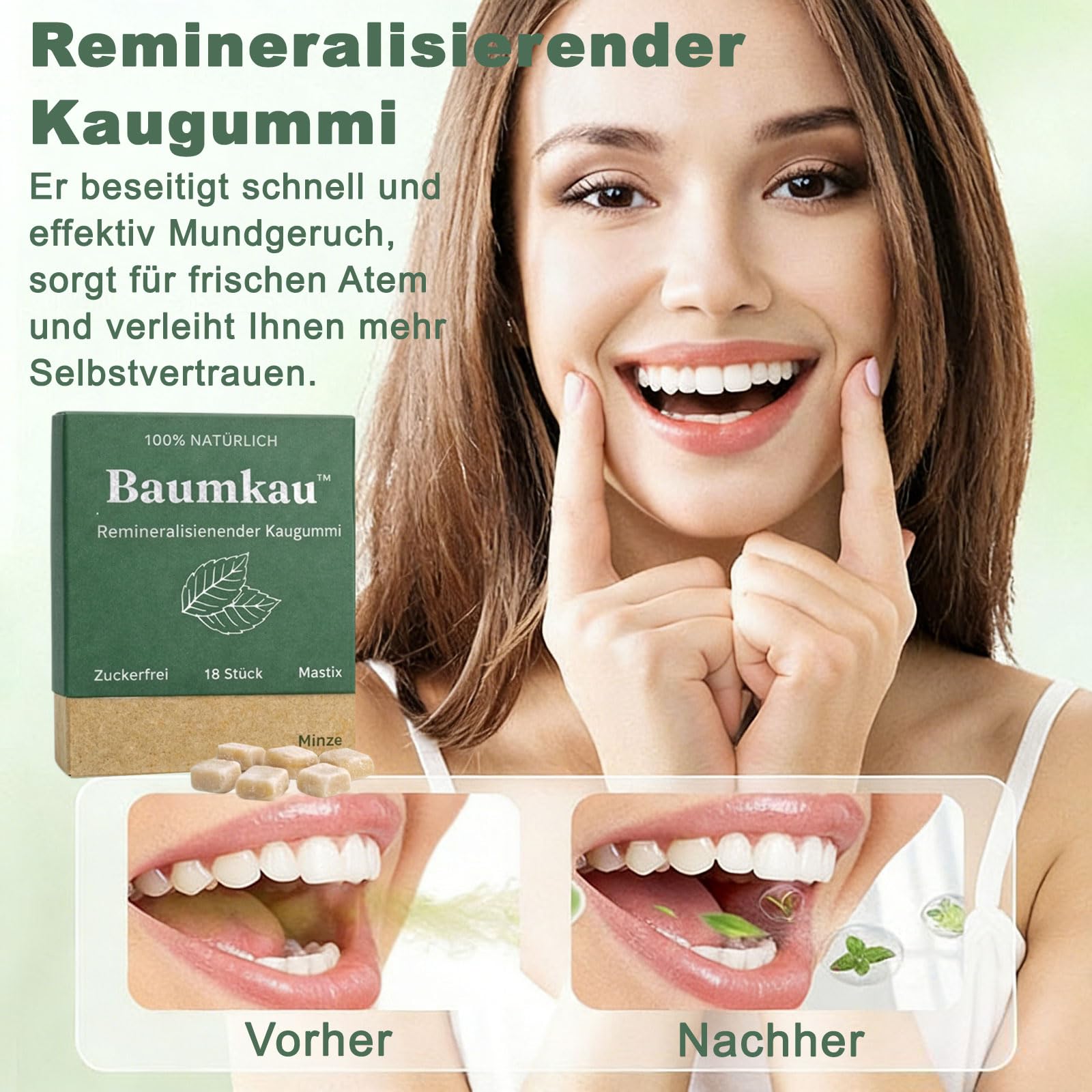 Baumkau Remineralisierender Kaugummi, 18 Stück Baukau Kaugummi, Zuckerfrei Kaugummis, Frischer Atem und Emailschutz, Sanft und Nicht Reizend, für Empfindliche Zähne Geeignet, Minze (1 Box)