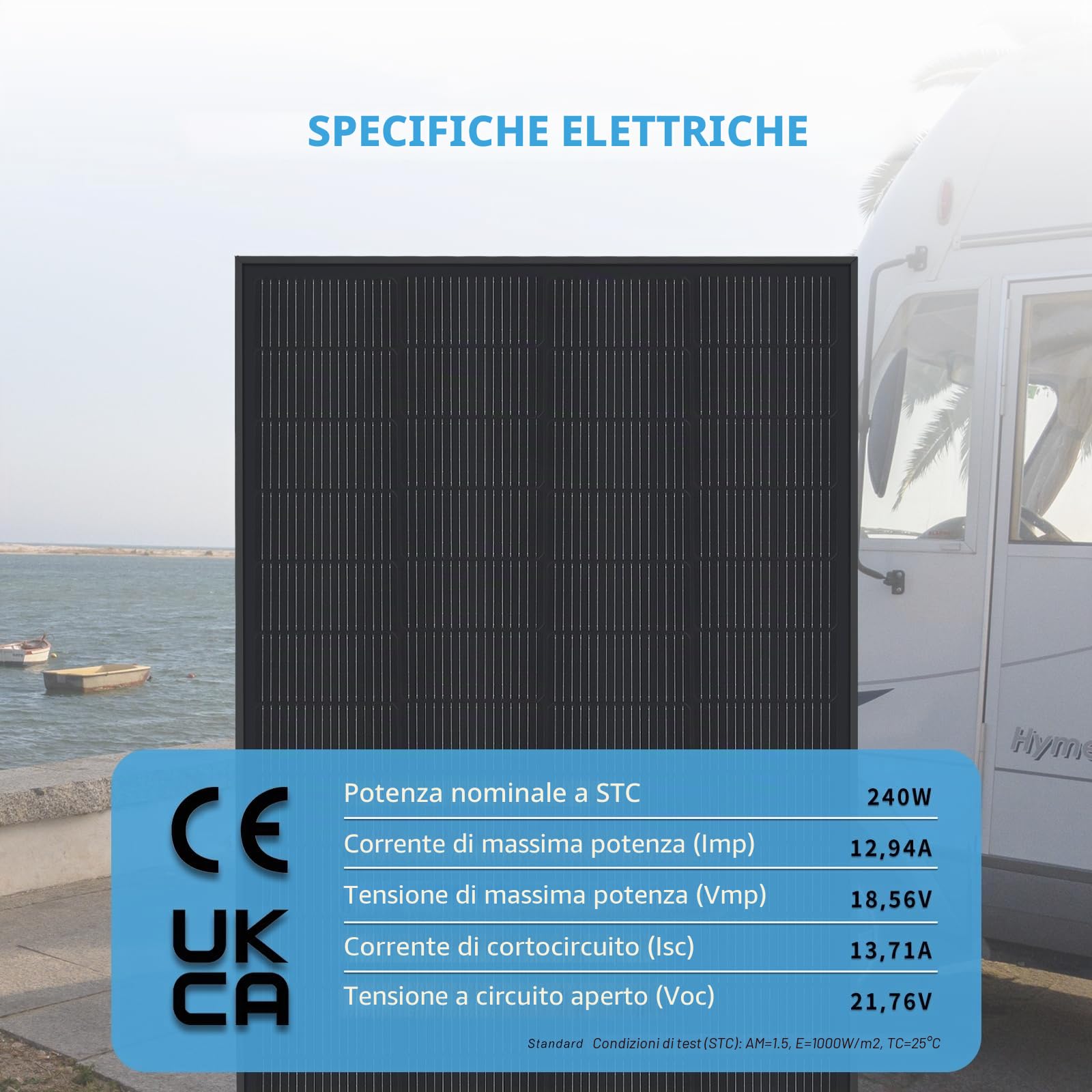 Pannello Solare Monocristallino Tipo N 240W 12V Nero – Modulo Solare ad Alta Efficienza per Camper, Barca, Balcone, Tetto, Batterie 12V e Centrali Elettriche Portatili