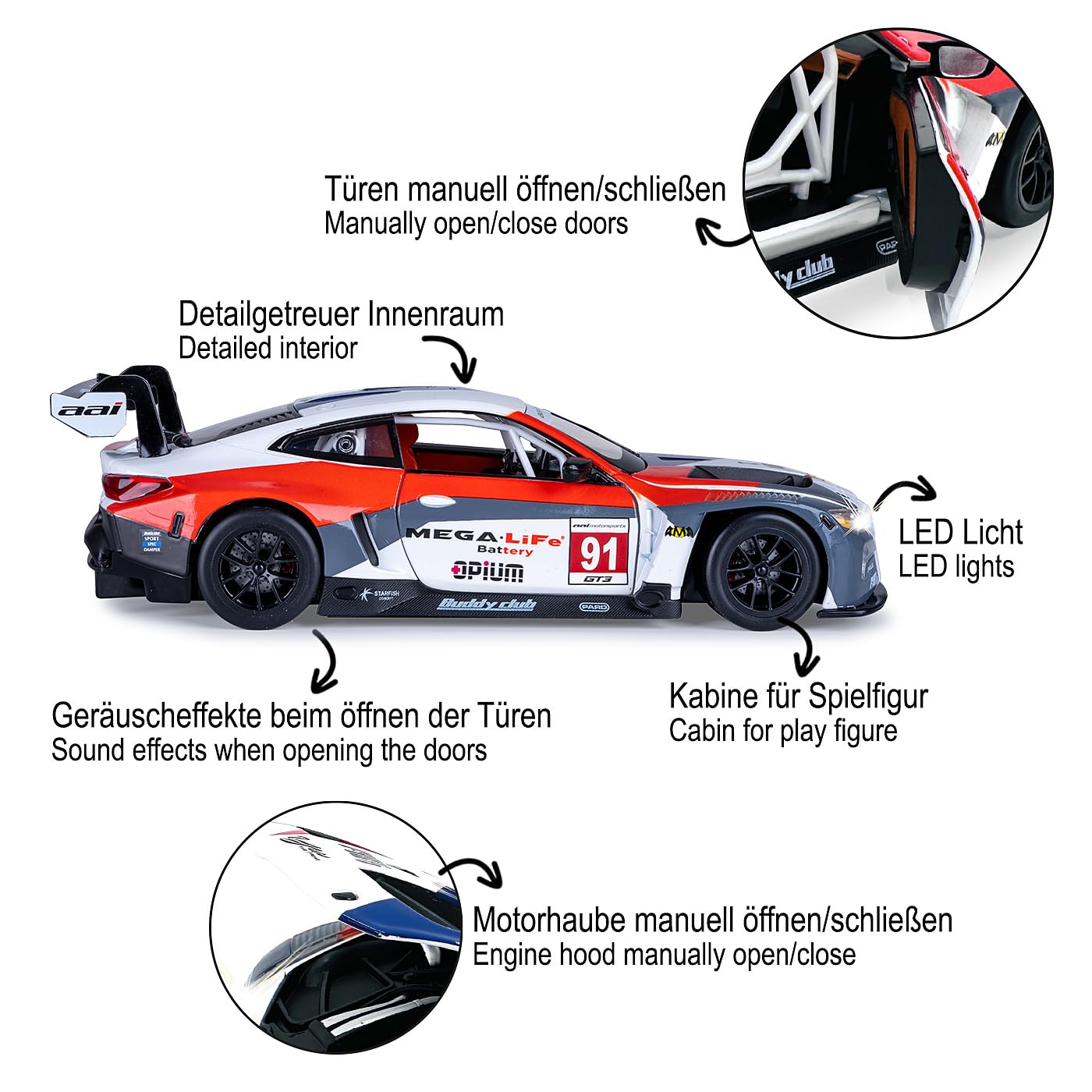 JAMARA 402625 BMW M4 GT3 Diecast 1:24 inkl. Knopfzellen - Modellauto Spielzeug, Kinder Car, Model Miniatur Fahrzeuge, Geschenkidee für Kinder, Türen Manuell öffnen/schließen
