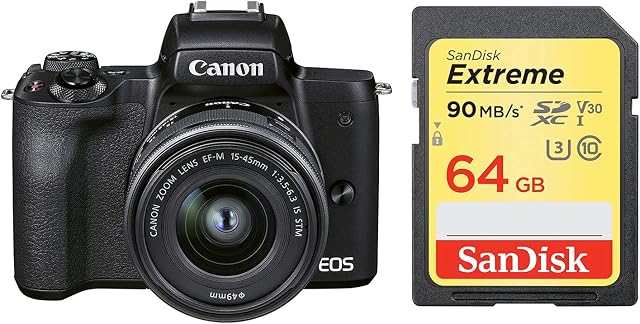 Canon EOS M50 Mark II + EF-M 15-45 mm f/3.5-6.3 IS STM Lens (Black) with 64G Memory Card