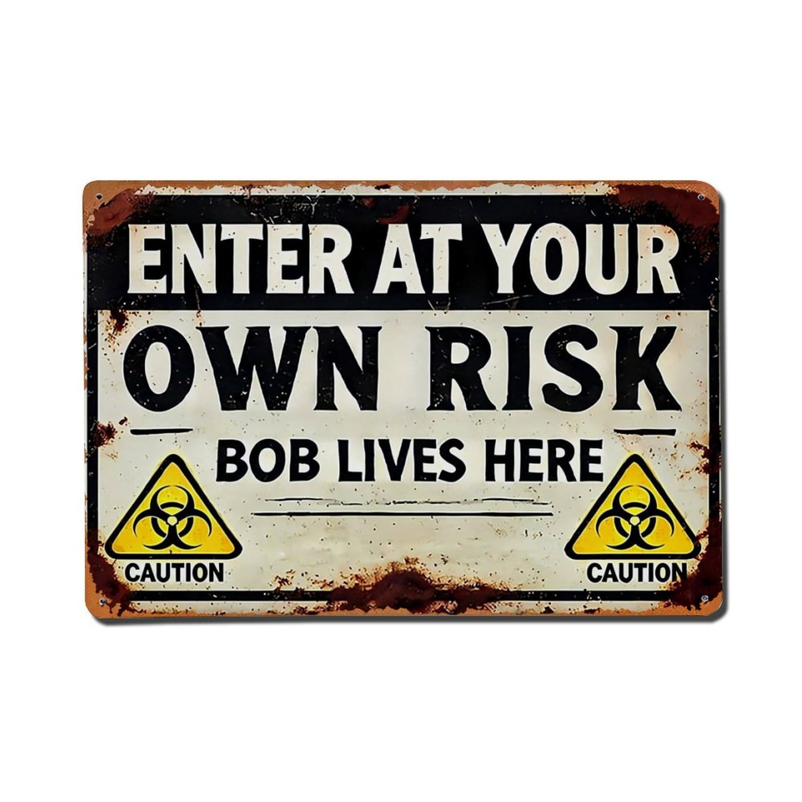 Enter At Your Own Risk Bob Lives Here Caution Biohazard Signs Vintage Tin Sign Retro Metal Wall Decor Metal Poster, Home Bar Garage Farmhouse Cafe Wall Art Decoration 8x12Inches
