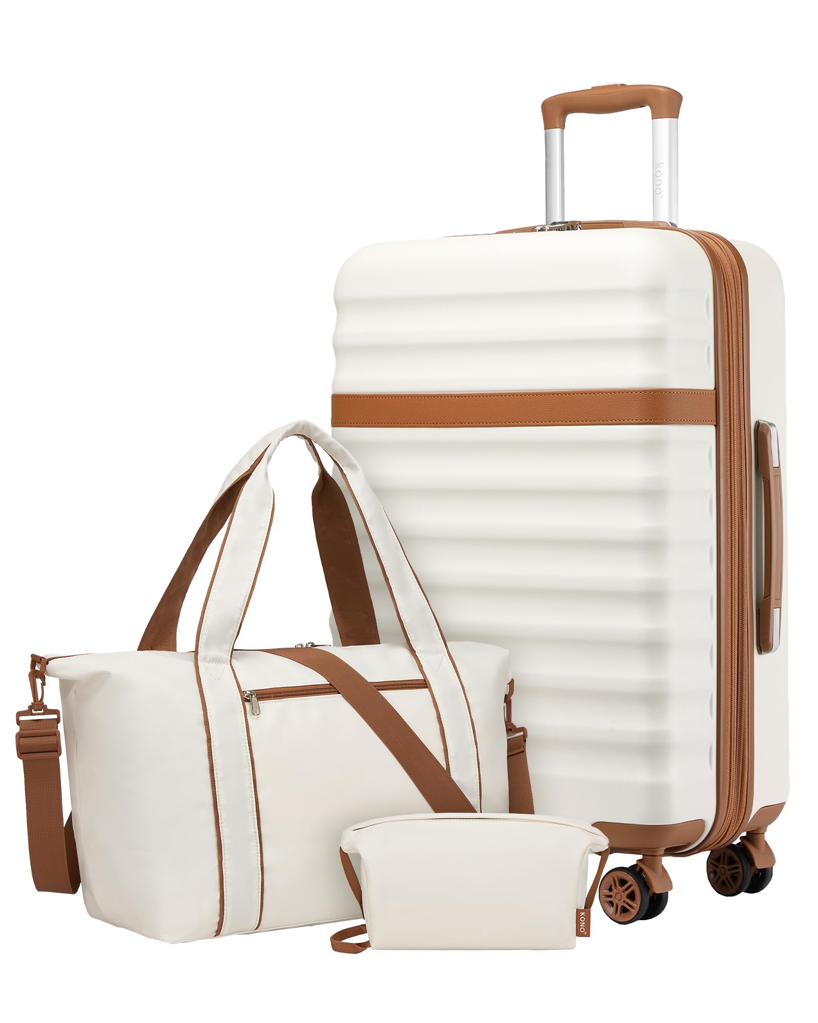 Kono Set de 3 Valises d'une Valise Grande Taille 75cm Extensible à Roues Silencieuses et Serrure TSA, Un Sac de Voyage à Poche Imperméable et Sangle pour Valise, et Une Trousse de Toilette (Crème)