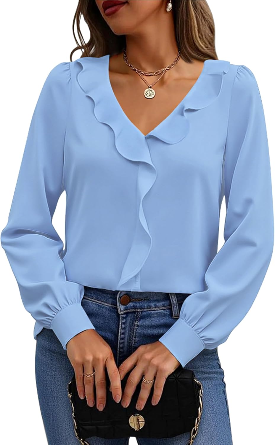 Halife Womens Dressy Casual Blouses Long Sleeve Business Tops Ruffle V Neck Trendy Work Shirts