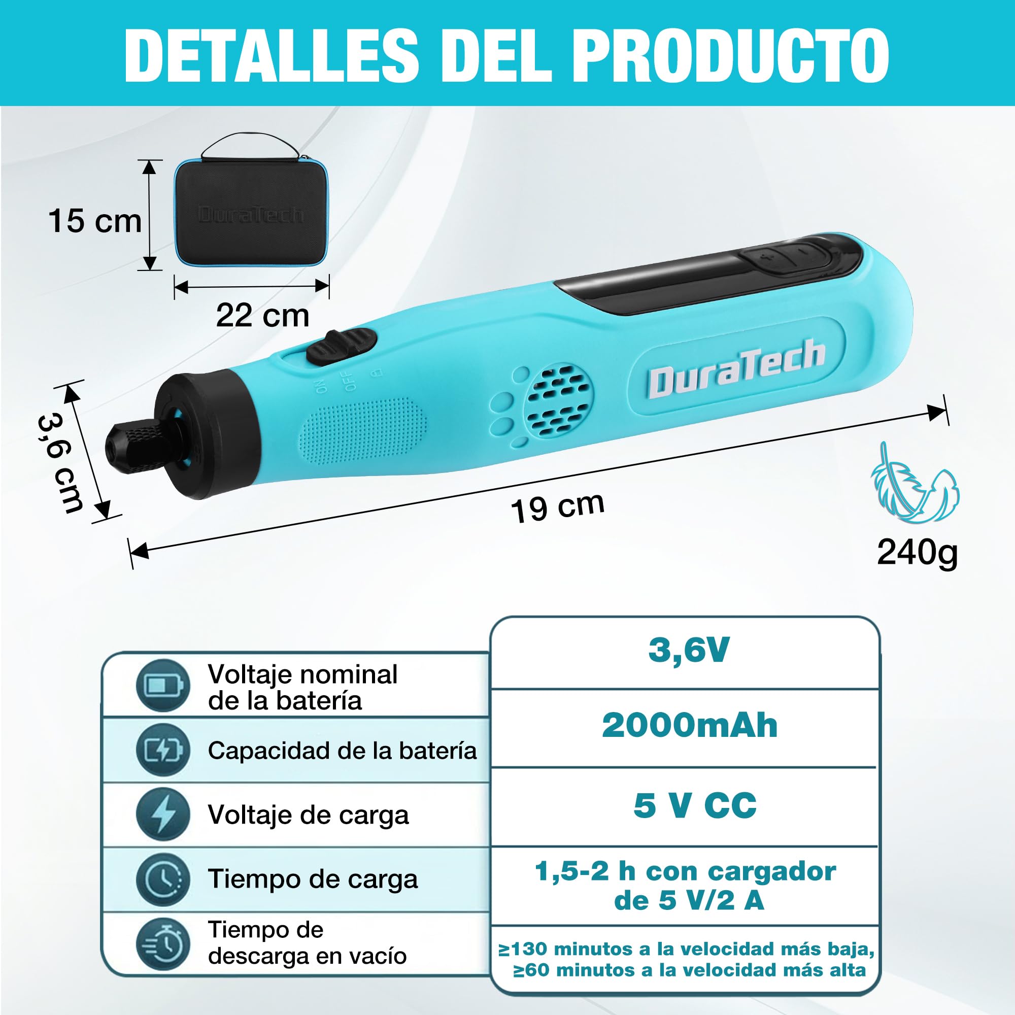 DURATECH Amoladora Inalámbrica de 3,6V, Multiherramienta Recargable de 25000RPM, Herramienta Rotativa con 135 Accesorios, 6 Velocidades Variables, para Cortar, Tallar, Grabar, Perforar