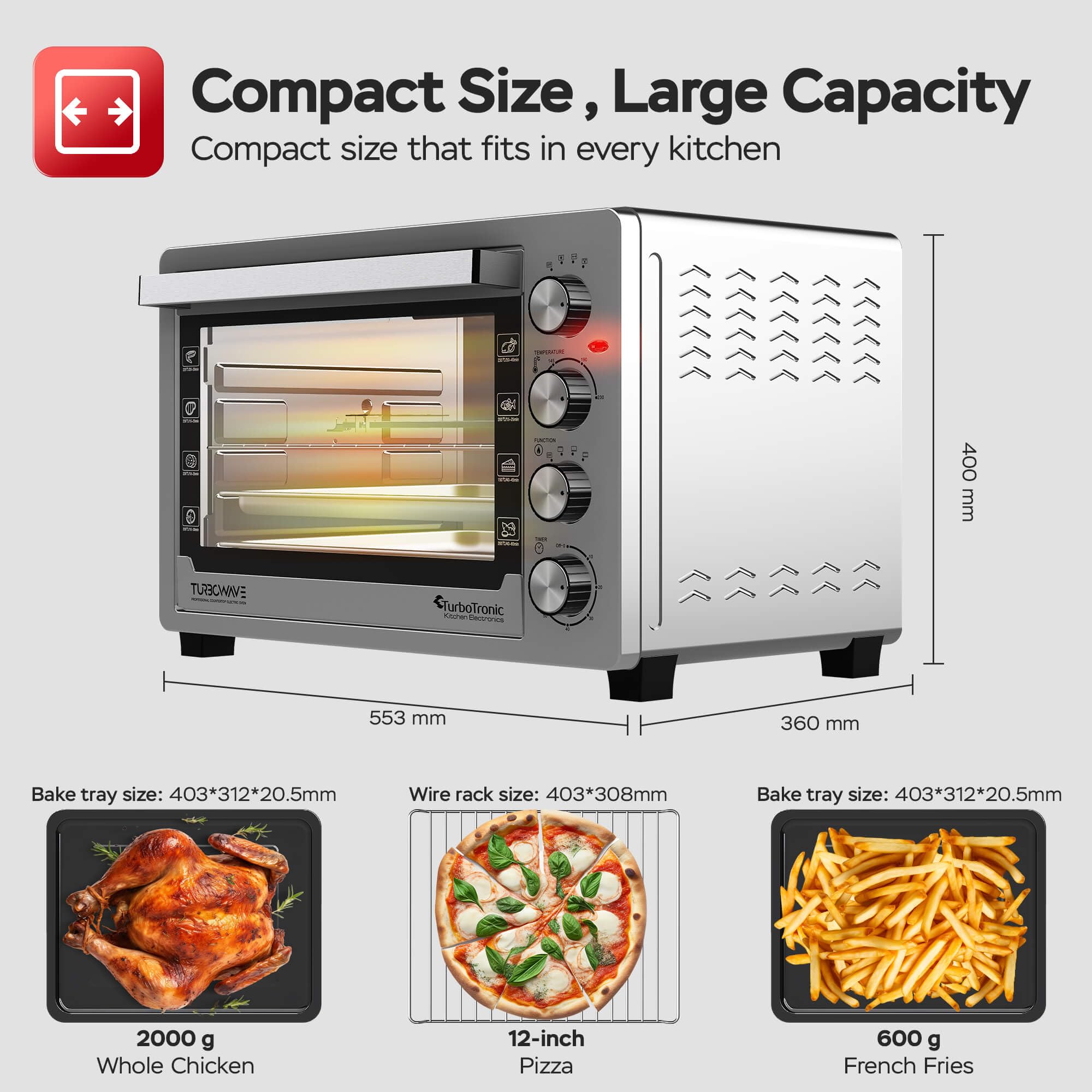 TurboTronic Elektrobacköfen mit Umluft, Grill & Drehspieß | 30 L, 38 L & 45 L Edelstahl-Tischbacköfen mit Timer & Doppelglastür für Pizza, Braten, Aufläufe (45L)