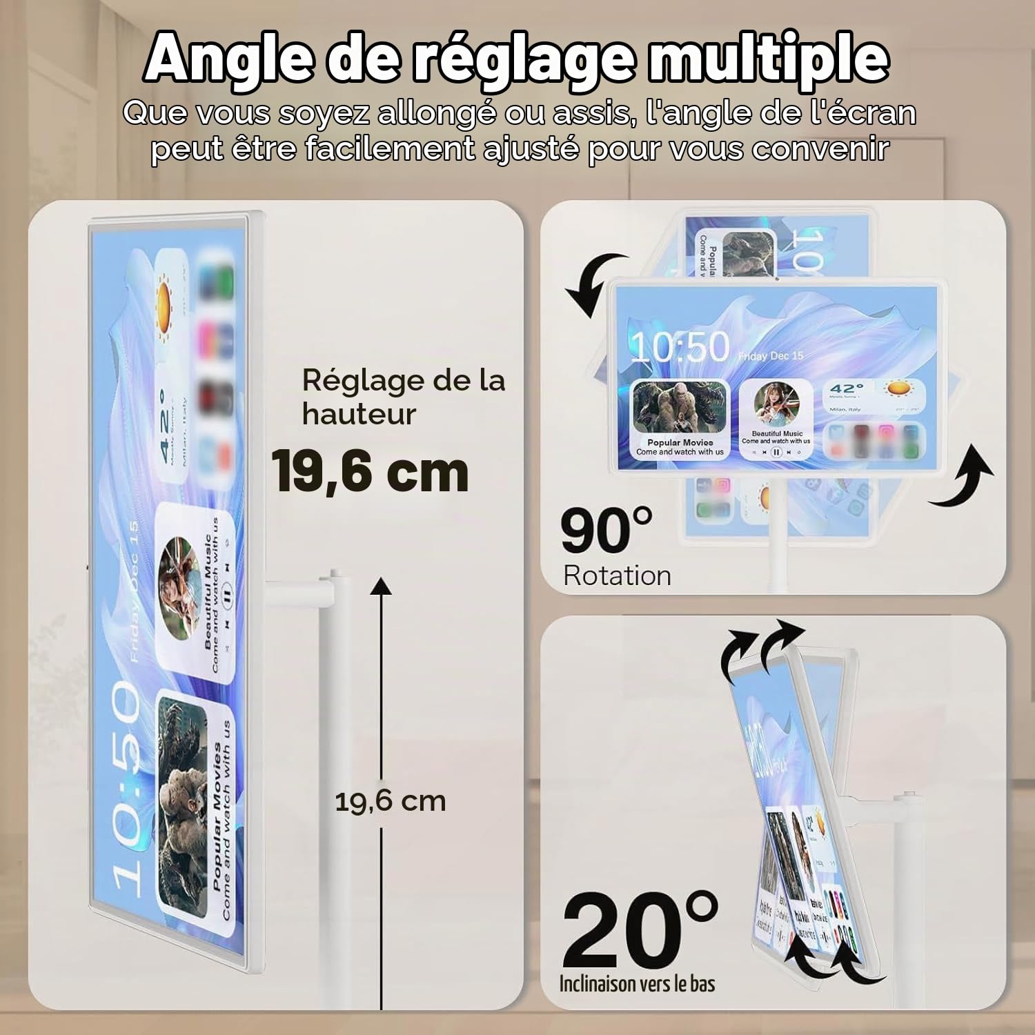 Téléviseur intelligent portable avec écran tactile,résolution 1080p,sur roulettes,pied de sol réglable et rotatif à 360°,batterie intégrée de 8 heures,Système d'exploitation Android 13 21.5in-8G128G