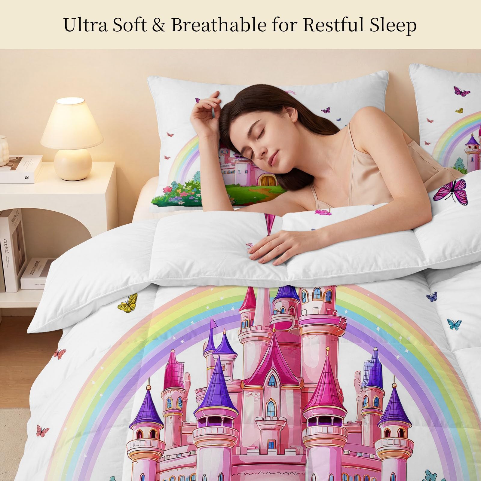Edredón de 140 x 200 cm, diseño de castillo de arco iris, con mariposas, 1 persona, lavable, 4 estaciones, dibujos animados, suave e hipoalergénico, reversible sin fundas, con 2 fundas de almohada de