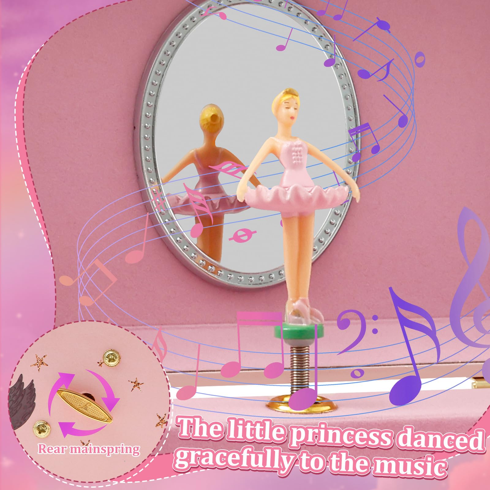 Joyero niña Joyero musical para niños, caja de música con unicornio giratorio, para niñas y niños, con espejo, regalo de cumpleaños (niña de ballet rosa y negro)