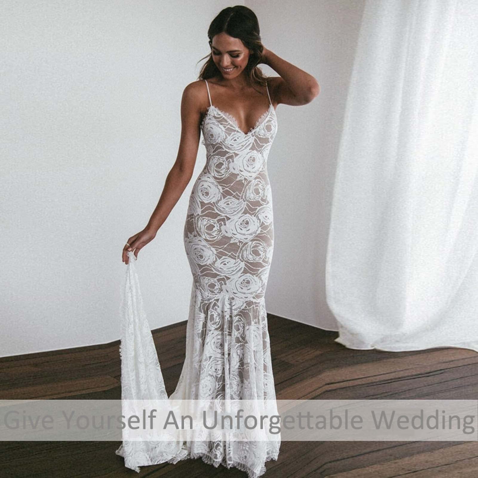 Vestido de Novia con Patrón de Flores, Vestido de Noche con Falda de Playa de Doble Cuello V, Blanco, 16