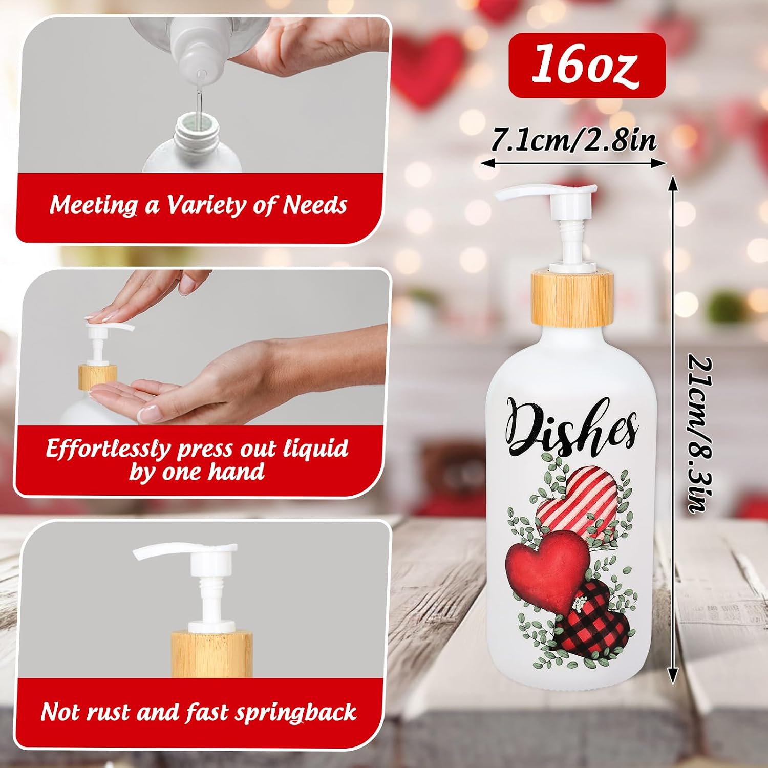 JarThenaAMCS 2Pcs Valentine' s Day Soap Dispenser Refillable Liquid Container Watercolor Red Plaid Stripe Heart Glass Soap Dispenser with Pump for Kitchen Bathroom Decor