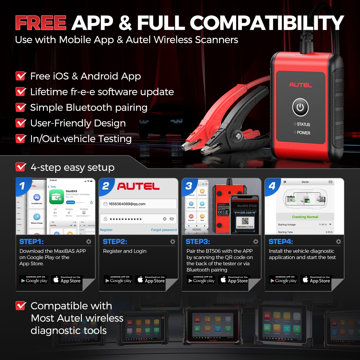 Autel MaxiBAS BT506 Batterietester, 6V 12V 100-2000 CCA Autobatterie-Analysator, Start-und Ladetest, digitales Batterielast-Testgerät für alle Fahrzeuge, Batterietest im Fahrzeug/außerhalb Fahrzeugs