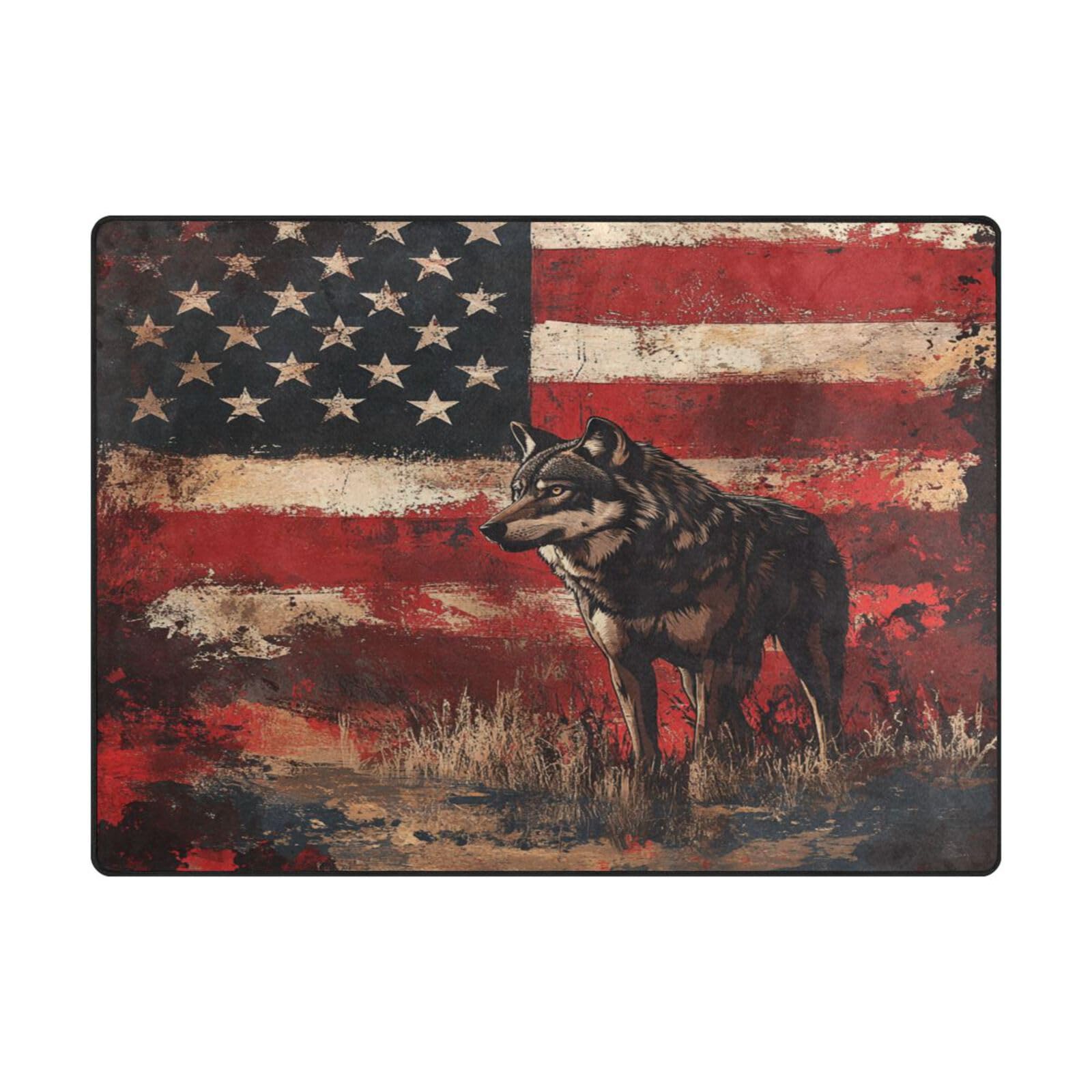 Tapis doux loup et rayures drapeau américain grand format 203x147 cm Mnsruu