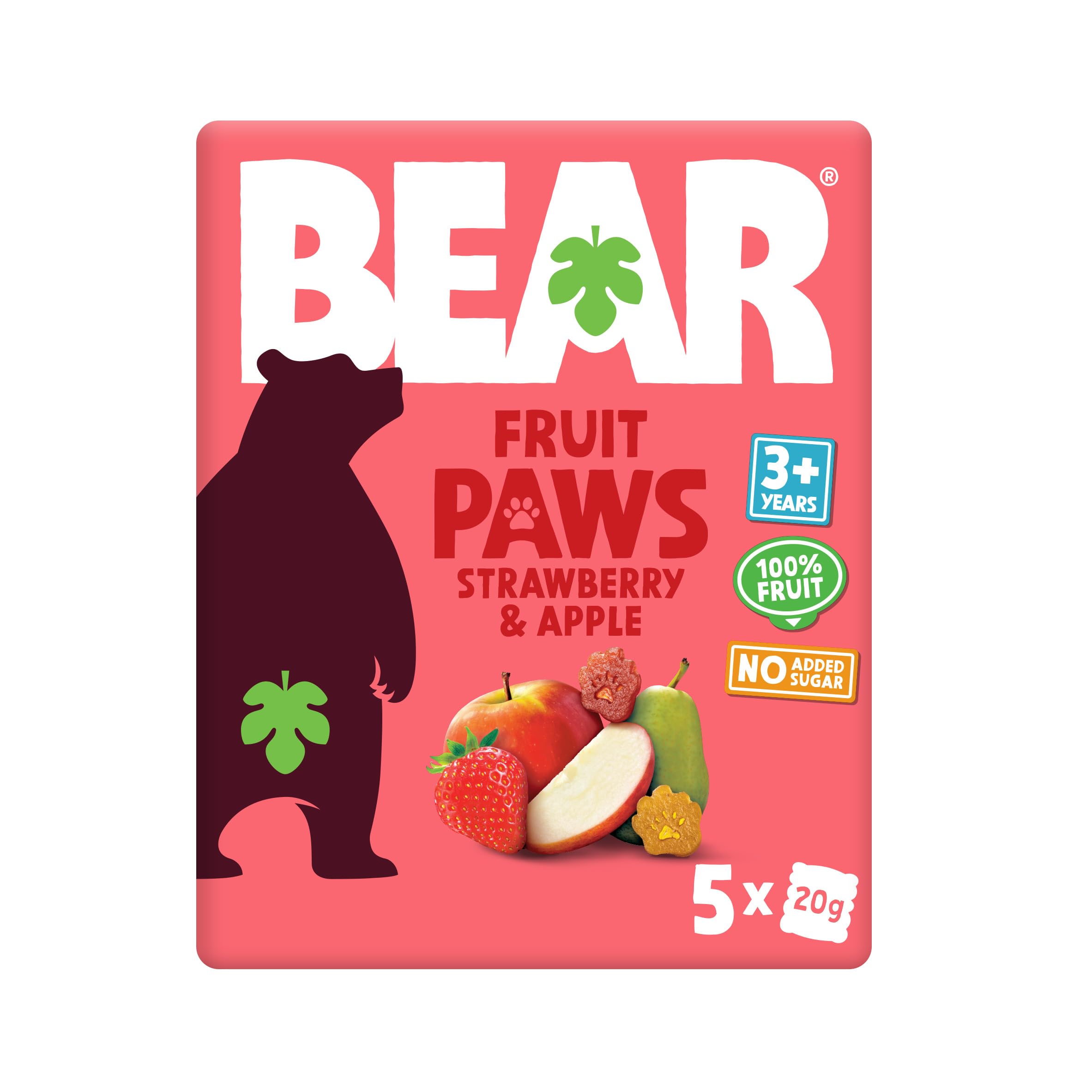 BEAR Strawberry & Apple Paws - Delicious Real Fruit - Suitable for 2+ years - Healthy - 20g (5 pack)