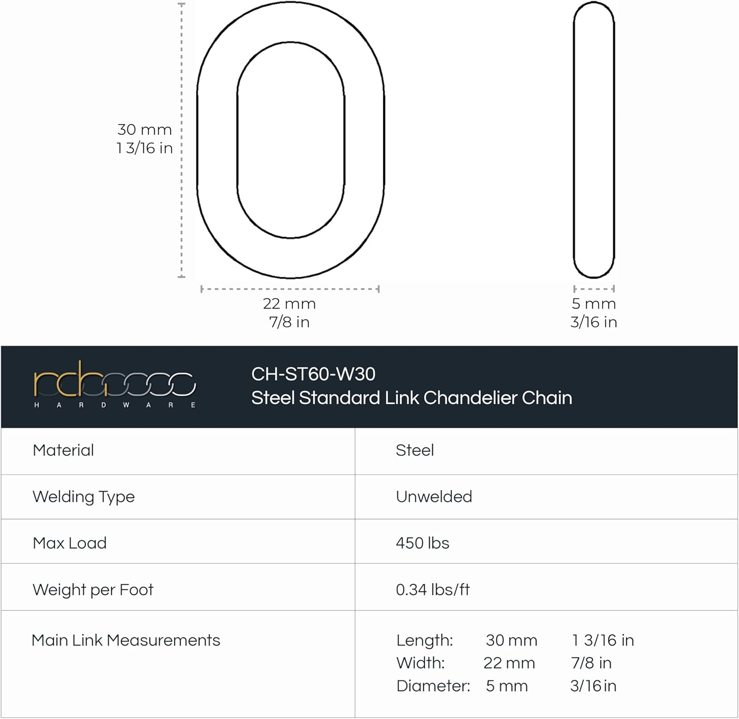 RCH Hardware CH-S60-02-BLK-10 Steel Fixture Chain, 5 Gauge, Black (10 Feet)