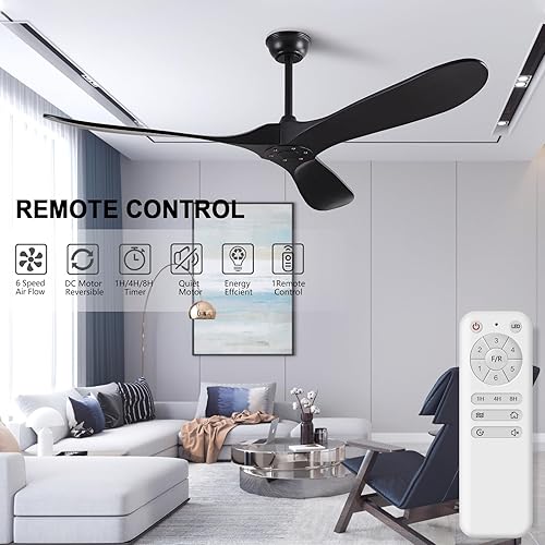 Miniatura 10 de Ventiladores de techo de 52 pulgadas sin luces, ventilador de techo de madera maciza sin luz con control remoto, inteligente y único para interiores