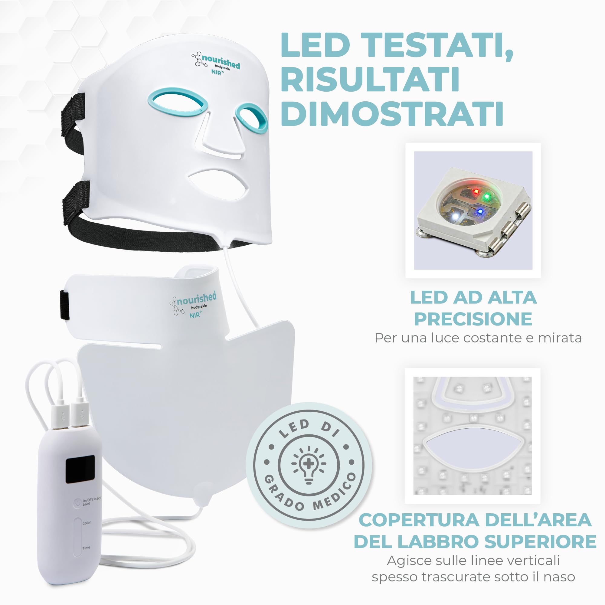 Nourished Bodynskin Maschera LED a 7 Colori per Viso e Collo con Infrarossi Vicini - Terapia della Luce Blu, Rossa per il Viso - 912 LED - Strumento per la Cura della Pelle Anti-Età