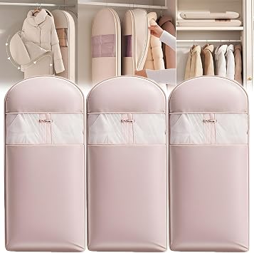 Space Saving Hanging Garment Bag with Self Compression Zipper,Space Saver Hanging Garment Bags for Closet Storage,Dust Cover Clothes Bags Travel Organizer for Down Coat Suit Pink,3PCS-XL