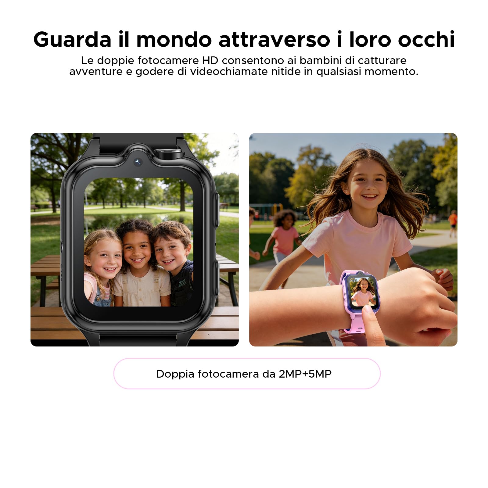 ANYSCENES3-Nero Smartwatch bambini 4G LTE, Videocall HD, GPS triplo, SOS e Controllo genitori, Doppia fotocamera, 16GB, IP68, 5 giorni