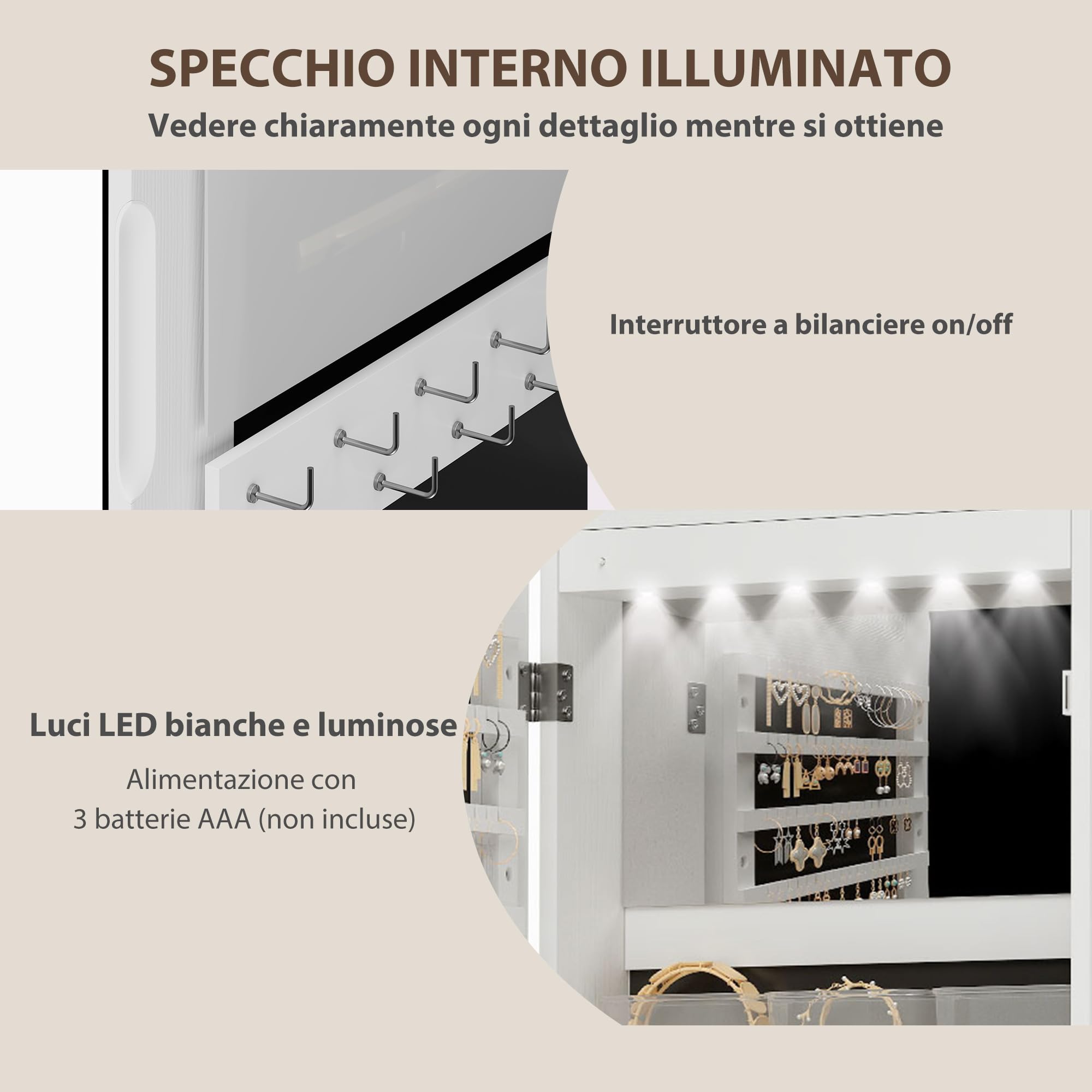 HOMCOM Armadietto Portagioie con Specchio Interno e Luci LED Alto 120cm