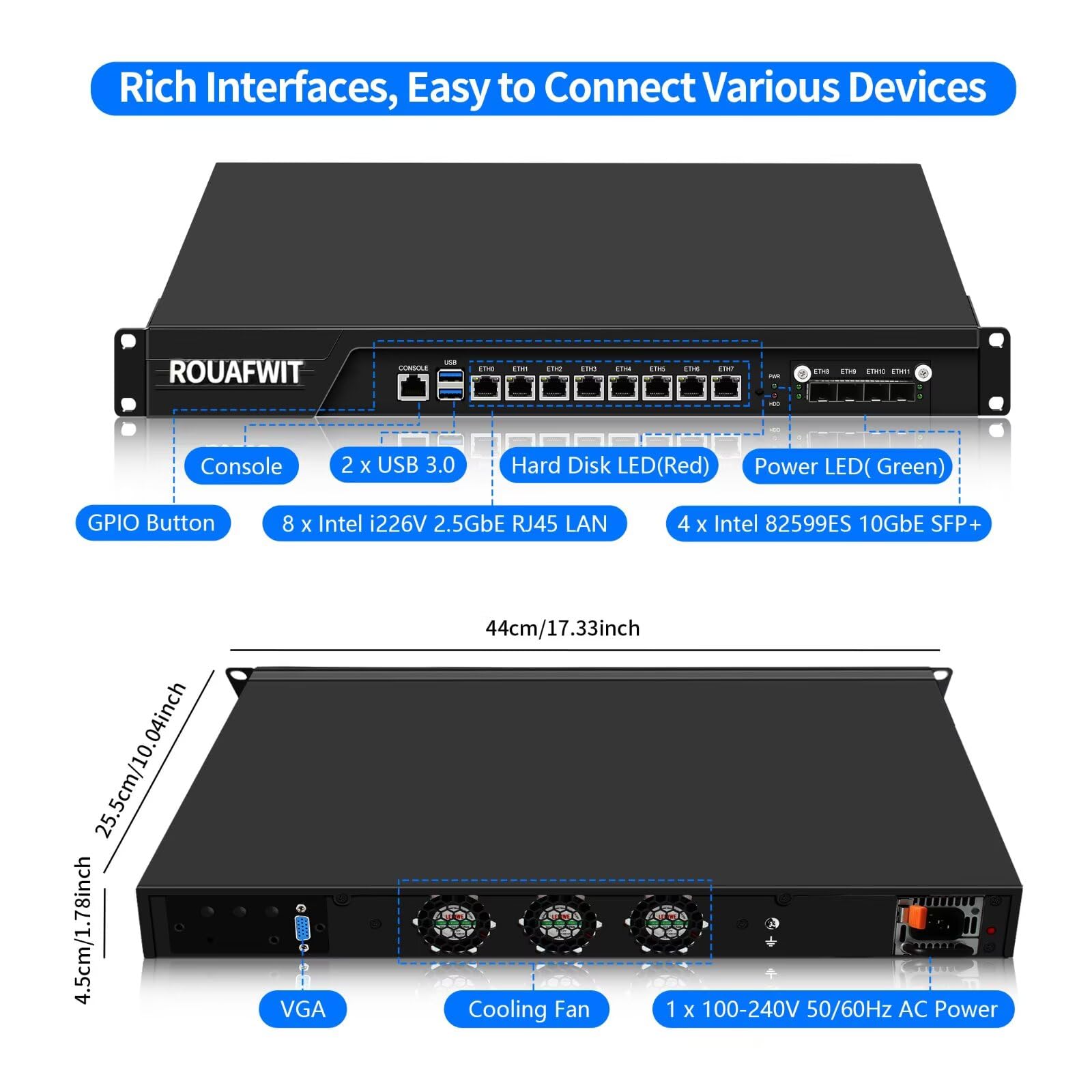 1U Firewall Appliance 10GBe, Core i5 7500, 4 x SFP+ 82599es 10Gbe, 8 x i226V 2.5GbE LAN, OPNsense, 19 inch Network Rackmount, DDR4 16G RAM 1TB SSD
