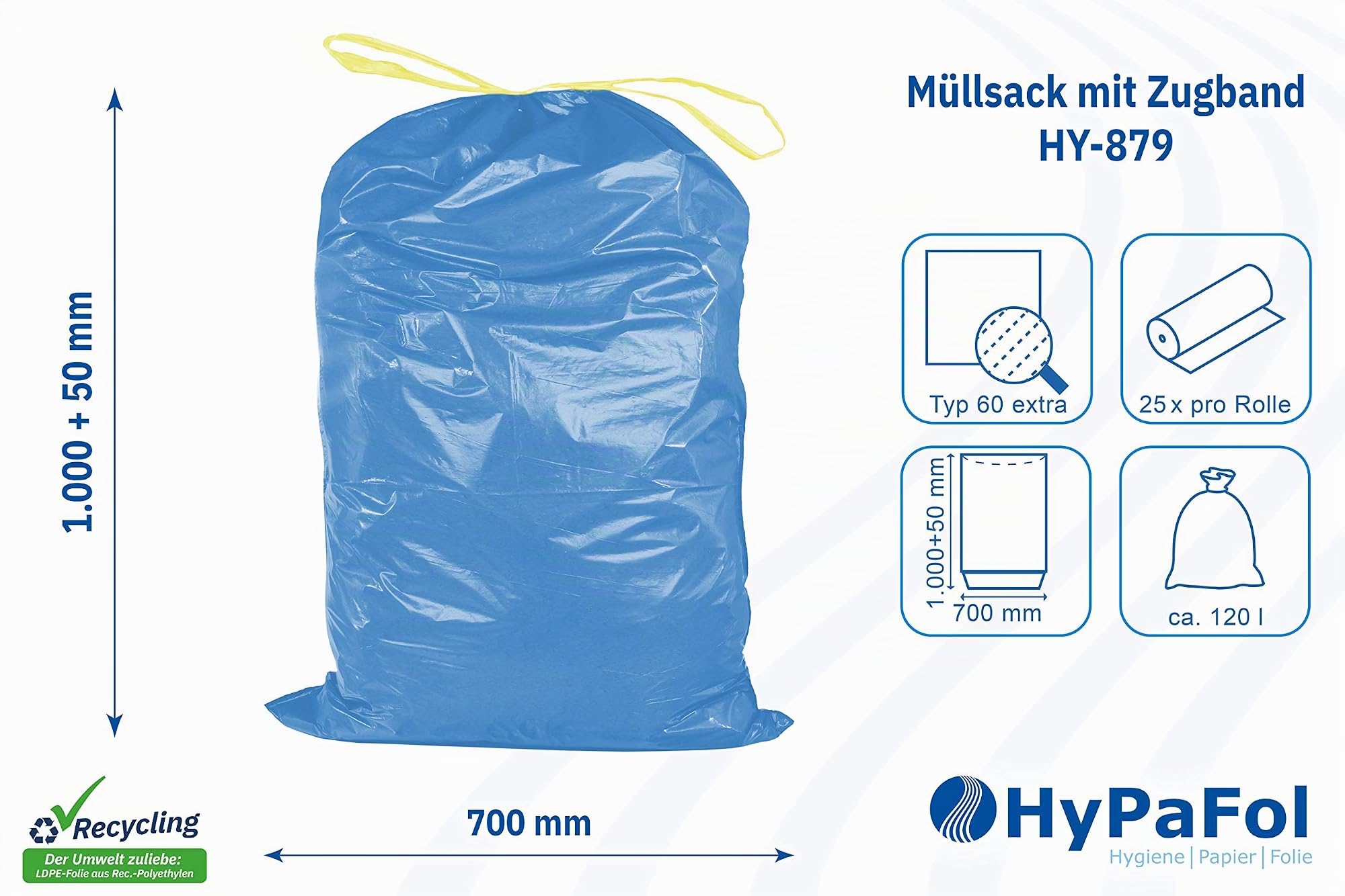 Hypafol Müllbeutel Typ 60 mit Zugband 120l – 250 blaue Schwerlastsäcke | 250 schwarze 120l Schwerlast-Müllbeutel mit Zugband. Stabil, reißfest – ideal für Haushalt, Garten & Industrie