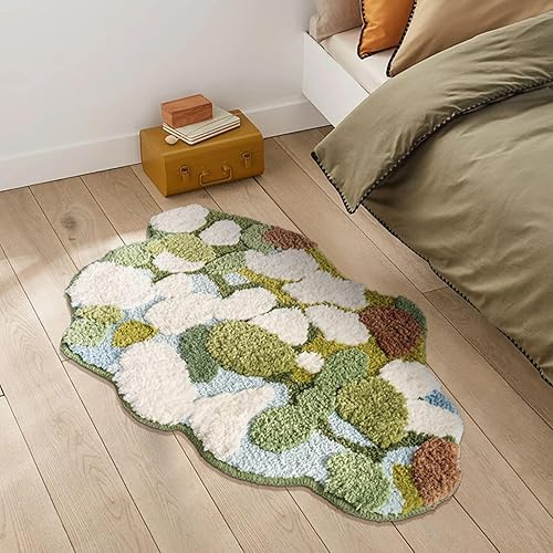 Miniatura 3 de TOWDREU Tapete de baño de musgo, color blanco, verde y blanco, tapete de forma irregular de musgo, alfombra de cocina estética 3D, suave,