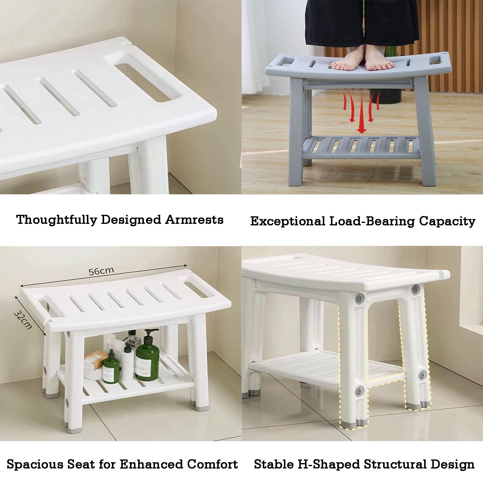 Asiento ergonómico para bañera con almacenamiento de dos niveles, silla de ducha ampliada internamente, estructura en forma de H con alta capacidad de carga (color 2, versión 1)