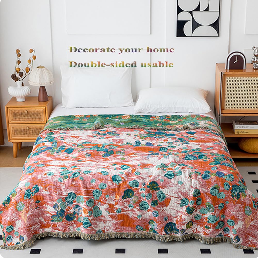 Narzuta w stylu boho, w 100% z bawełny, dwustronna, muślinowa, z frędzlami, dekoracyjna, miękka, na łóżko podwójne, 1-2,2-3-osobowa, B, 20" x 200"