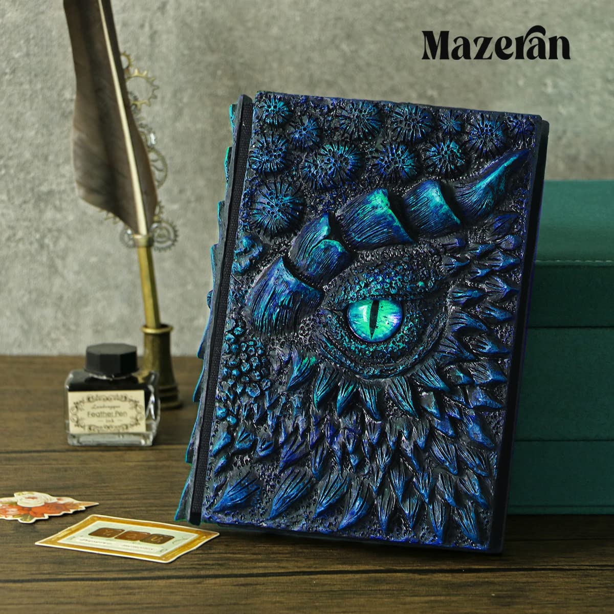 Mazeran 3D Drachen-Hardcover Geprägtes Journal, Antik Handgefertigtes Ozean-Drachen-Auge Polystone A5 Blanko-Kunstschreib-Skizzenbuch Tägliches Notizbuch, Heimdekoration Künstlerische