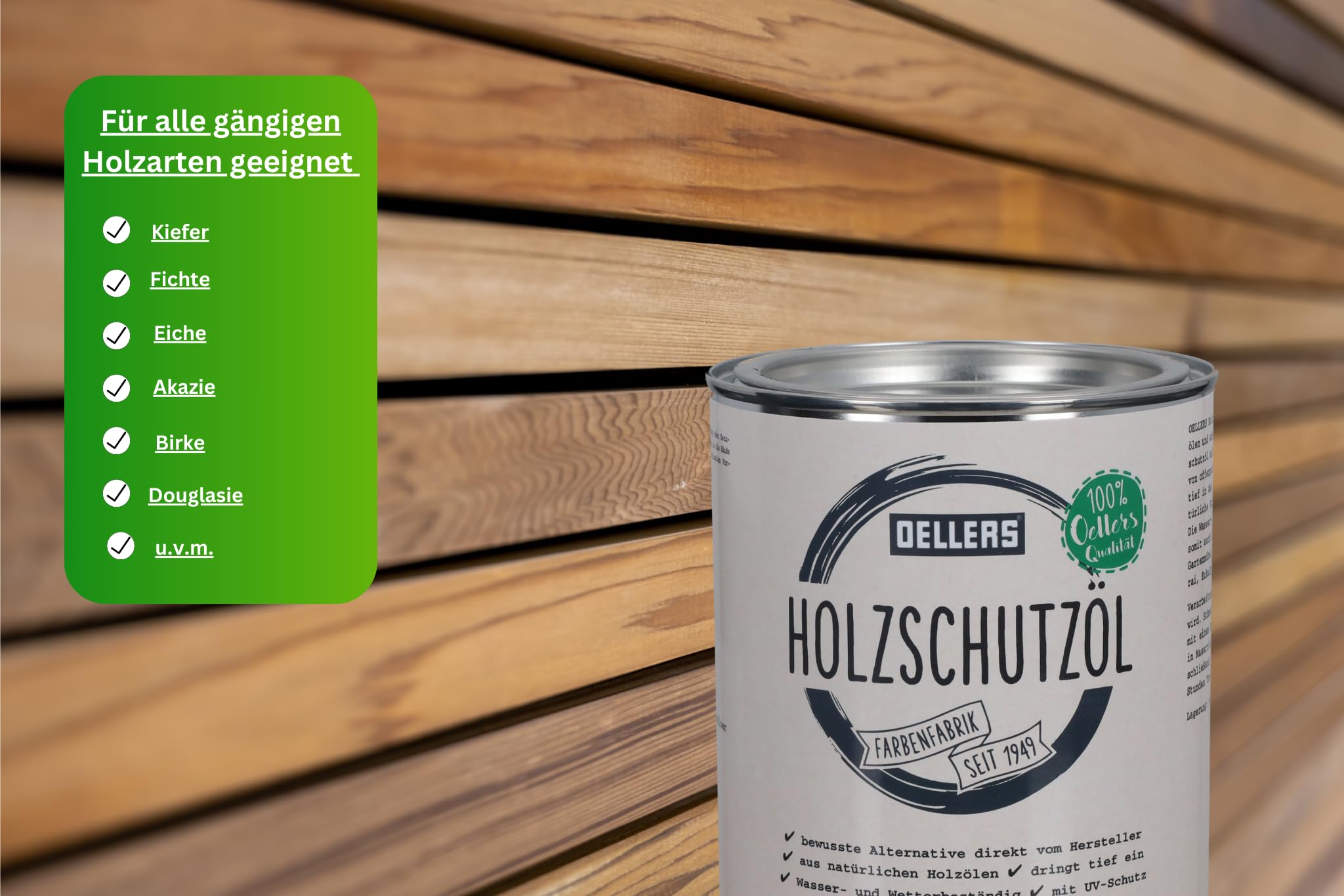 OELLERS Holzschutzöl für Innenbereiche & Außenbereiche, 1 Liter, für Lärche, Eiche, Teak, Douglasie u.v.m. Holz Öl für außen und innen, Holz Pflegeöl für Gartenmöbel, Terrassen, Dielen, Bangkirai Öl