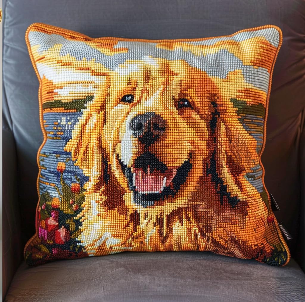 Kitphoenix Gold Latch Hook Embroidery Kits En Retriever Dog At Sunset Sofa Cushion Cover 43Cmx43cm