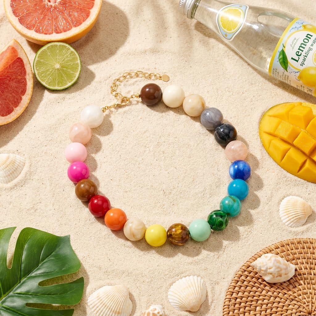 Colorful Chunky Beaded Necklace for Women Trendy Statement Big Large Resin Bead Bubble Choker Necklaces Boho Charm Jewelry Summer Beach Jewelry