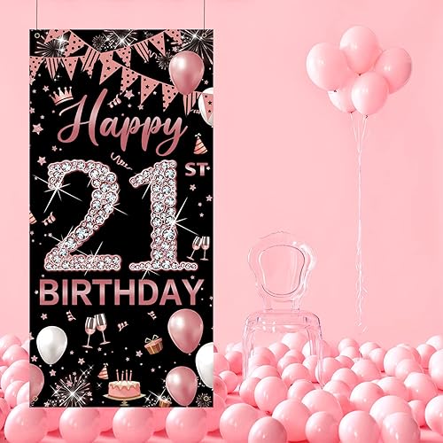Miniatura 5 de Decoración de cumpleaños número 21 para puerta, decoración de feliz cumpleaños número 21 de oro rosa para ella, decoración de cartel de cubierta