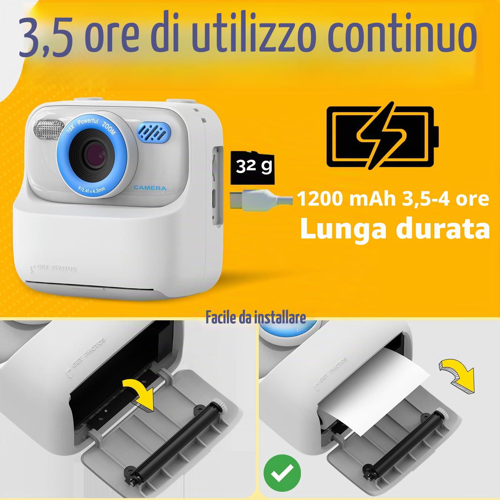 Macchina Fotografica Istantanea Bambini, 20MP/1080P HD Fotocamera Istantanea Bambini Digitale con 32GB Scheda SD e 3 Rotoli di Carta da Stampa, Regalo per Ragazze Ragazzi da 3-14, Bianco