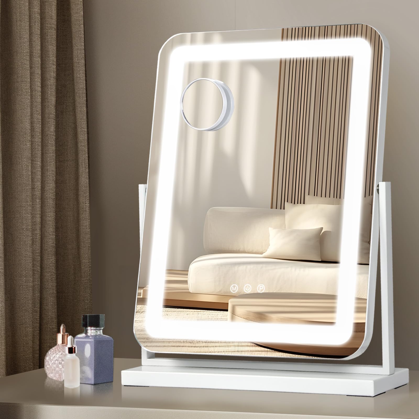 Emitto Hollywood Mirror Vanity Makeup Mirror Lights 360°Rotation Tabletop in White