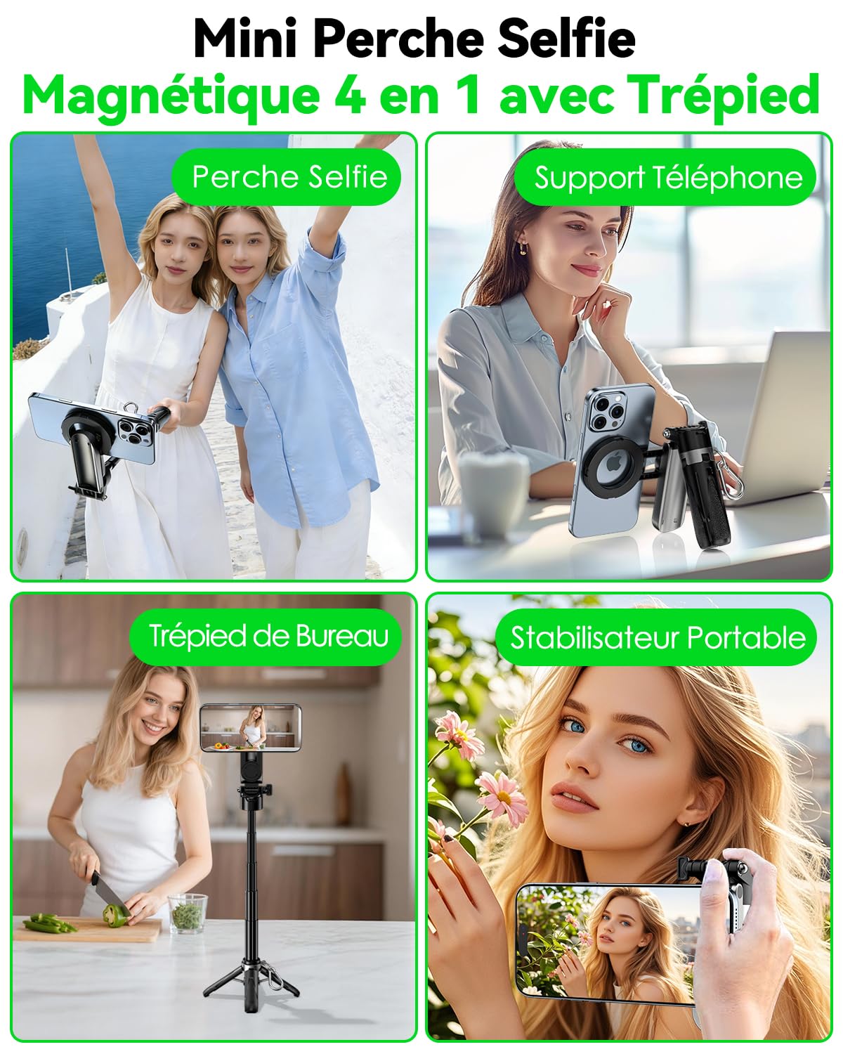 CloudValley Perche à selfie magnétique multifonction 4 en 1, mini support de téléphone portable avec télécommande amovible, compatible avec MagSafe, pour iPhone/Android, Vlog de voyage, diffusion en