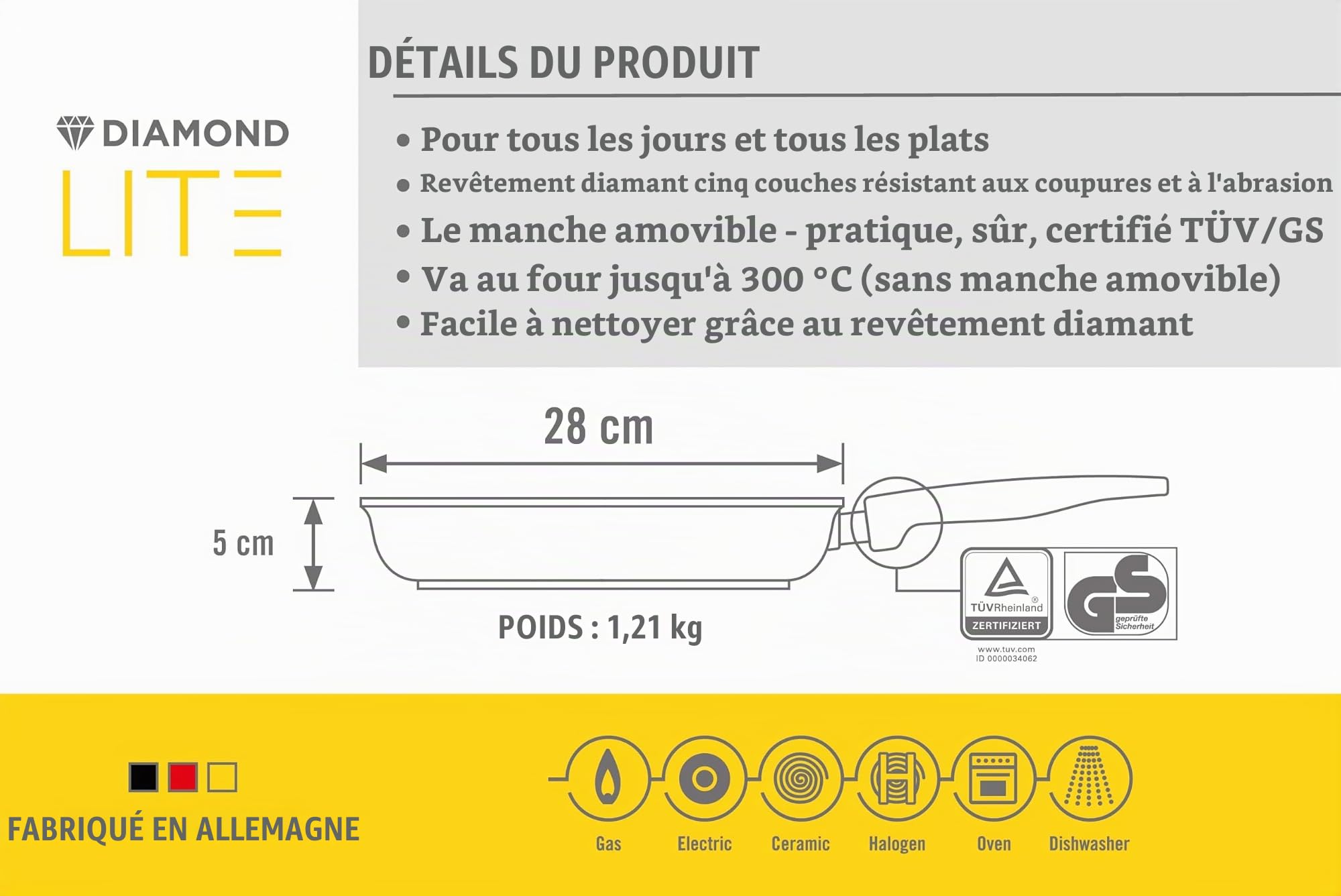 Woll 1528DPS diamond lite poêle en fonte ø 28 cm, 5 cm de haut avec manche amovible - Incompatible avec induction