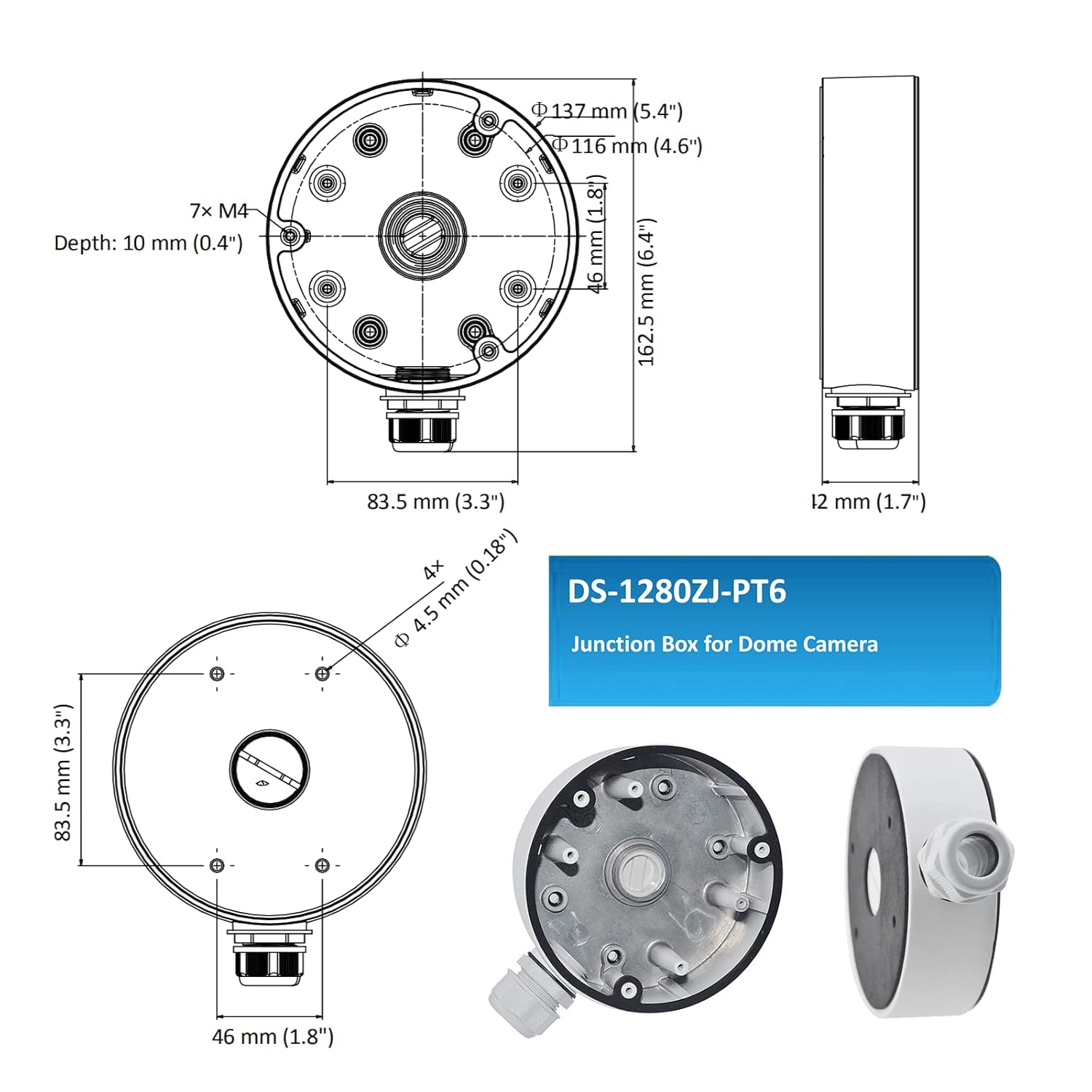DS-1280ZJ-PT6 Water-Proof Junction Box Mount Bracket for Bullet&Dome Cameras, Compatible with Hik IP Cameras Indoor/Outdoor Security Cameras