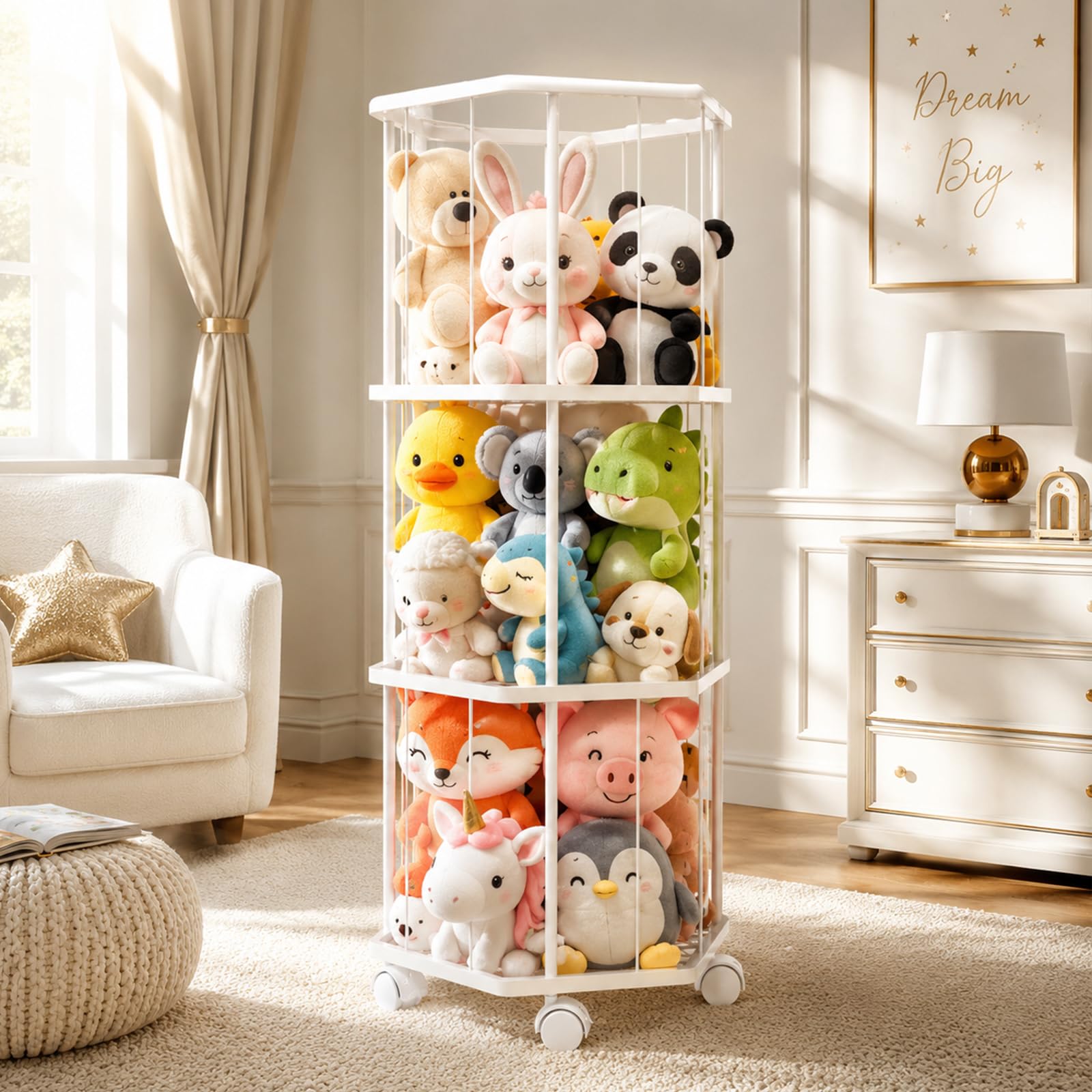 Almacenamiento de peluches de metal, almacenamiento de juguetes de peluche con ruedas equipadas de freno de 360°, tubo de almacenamiento de juguetes de peluche, organizador para dormitorio