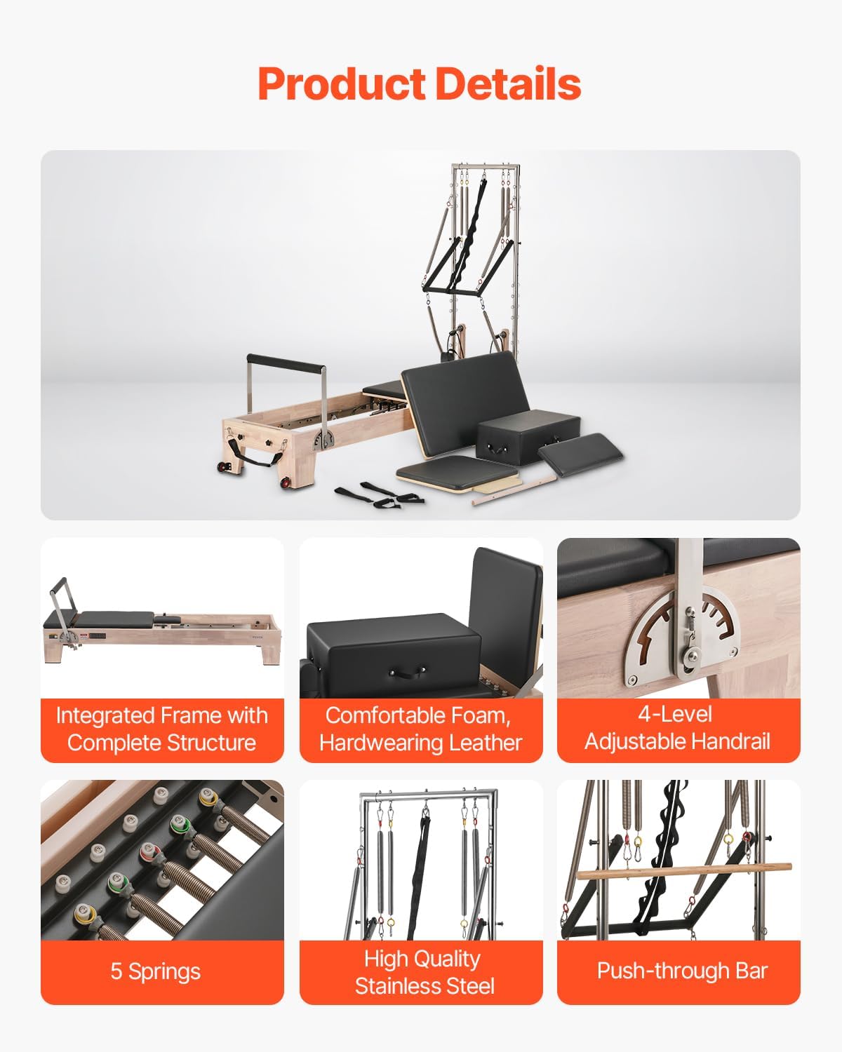 VEVOR Pilates Reformer, Reformer Pilates Machine with Cadillac Trapeze Table or Tower & Mat, Pilates Equipment for Home Workout and Studio, Includes Jump Board，Sitting Box