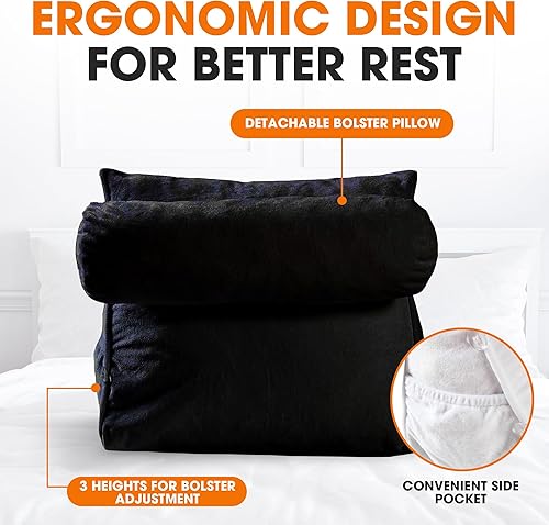 Miniatura 5 de Cheer Collection Almohada de lectura y TV en forma de cuña con almohada ajustable para el cuello, color negro