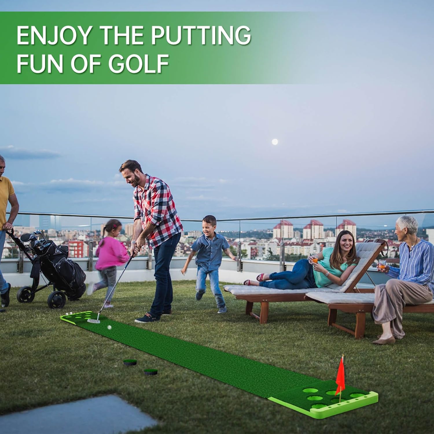Golf Putting Game Set with Front Border for Indoor & Outdoor,Golf Putting Green Mat Include 4 Balls,1 Portable Bag,2 Flags&Cups,Practice Training Aid for Backyard,Party,Office