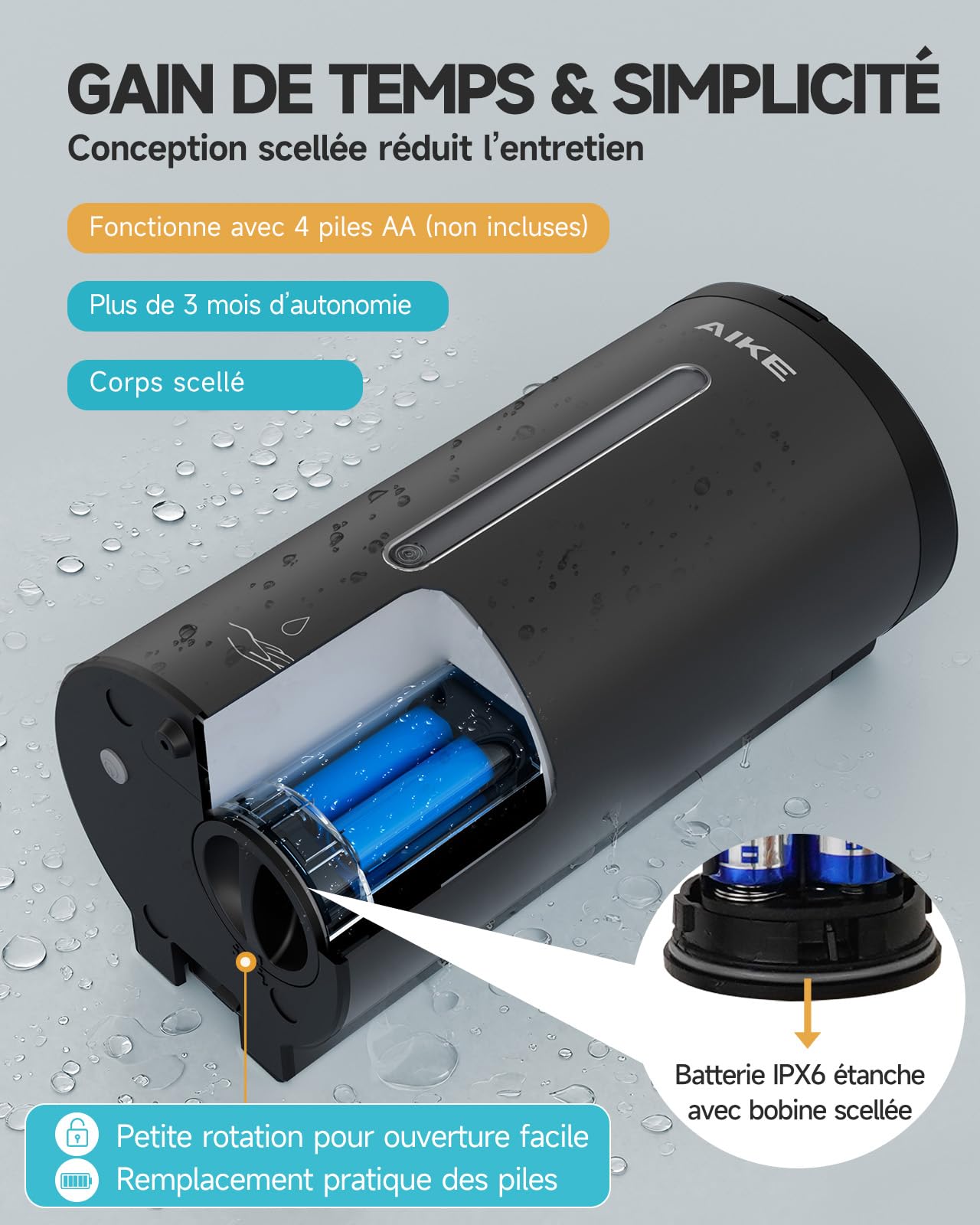 AIKE AK1205E Distributeur de Savon Automatique Mural, Capacité Importante en Acier Inoxydable pour Salle à Manger et Toilettes
