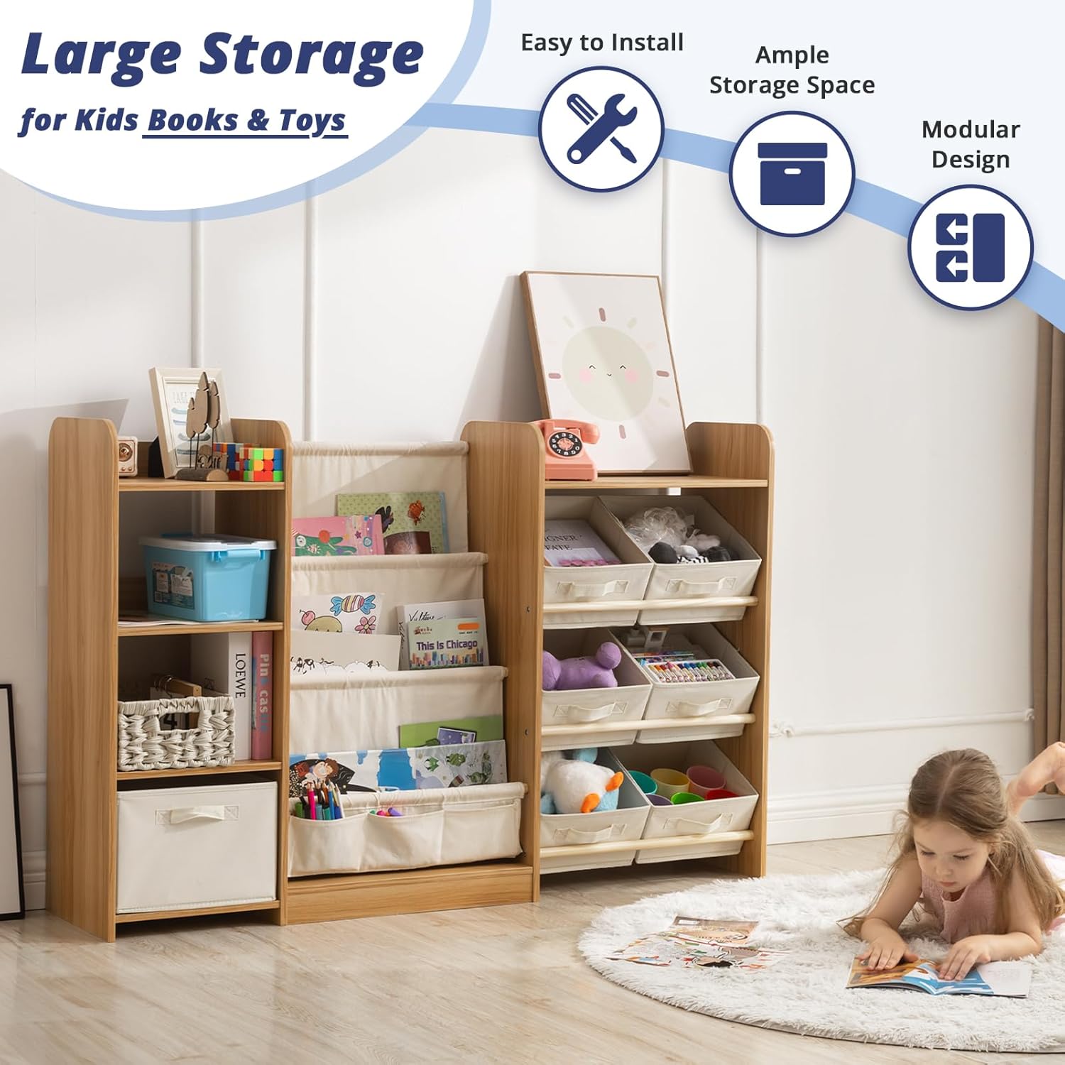 Kids Toy Book Storage Organizer - Large Bookshelf with 7 Removable Bins, Baby Bookshelf and Toy Storage, 4-Tier Book Shelf for Kids Room, Playroom, Classroom, 51 inch, Burlywood - Image 5